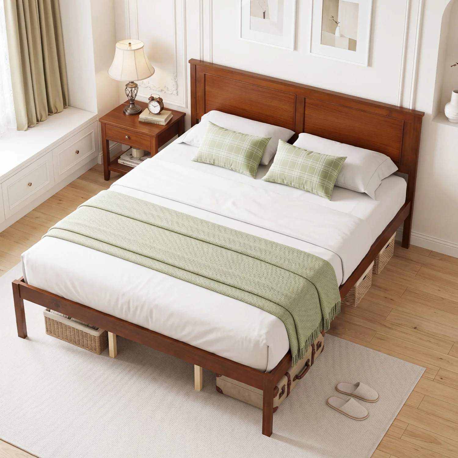 Farmhouse Wooden Platform Bed, Queen Size with Headboard - Image 6