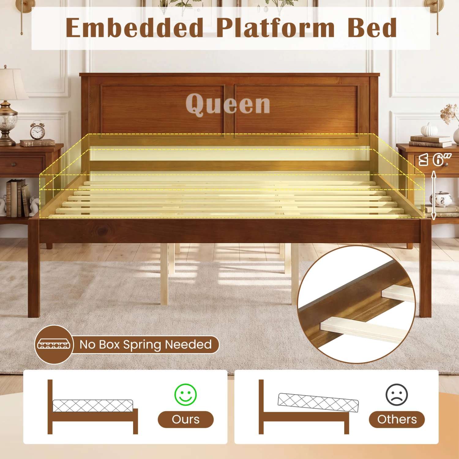 Farmhouse Wooden Platform Bed, Queen Size with Headboard - Image 8