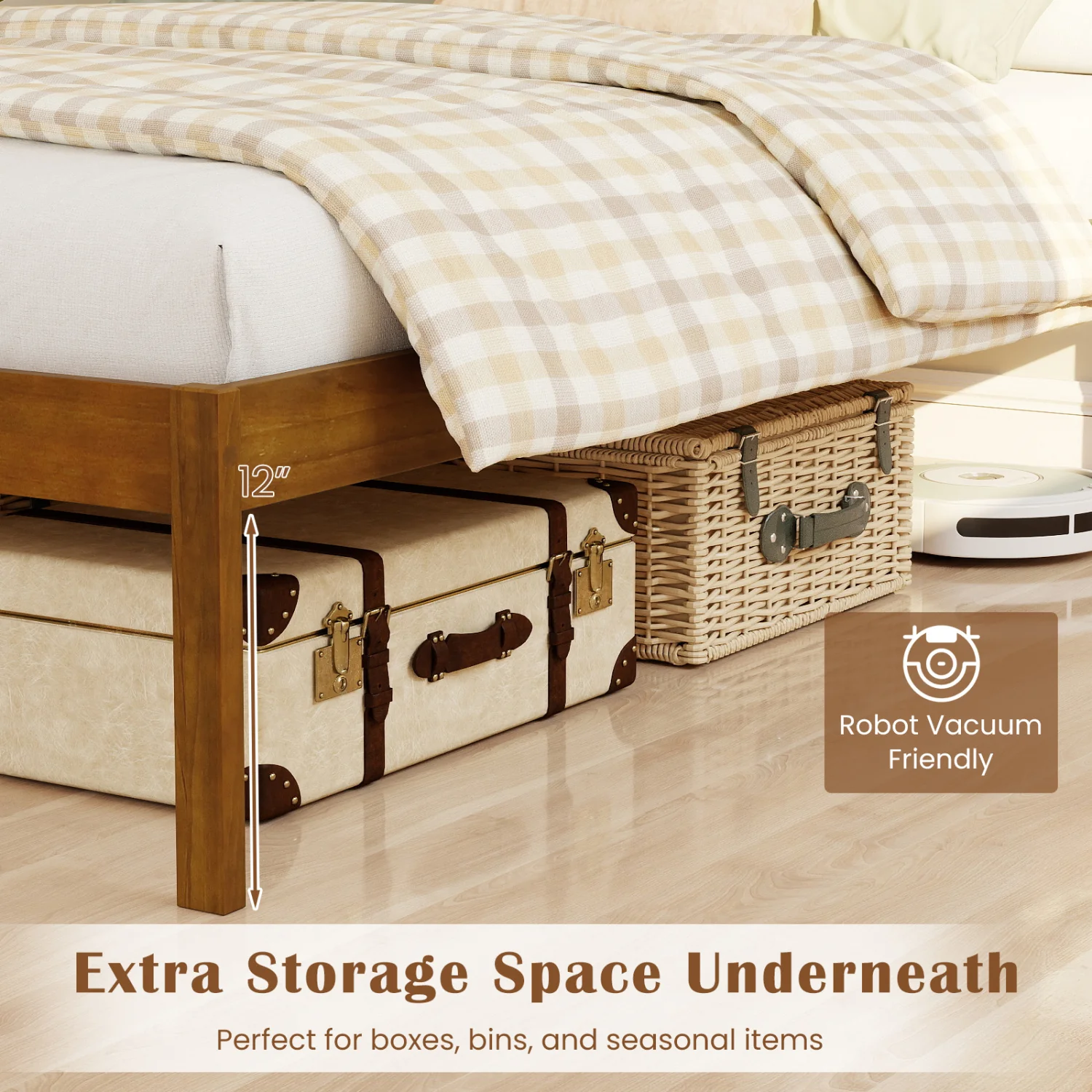 Farmhouse Wooden Platform Bed, Queen Size with Headboard - Image 9