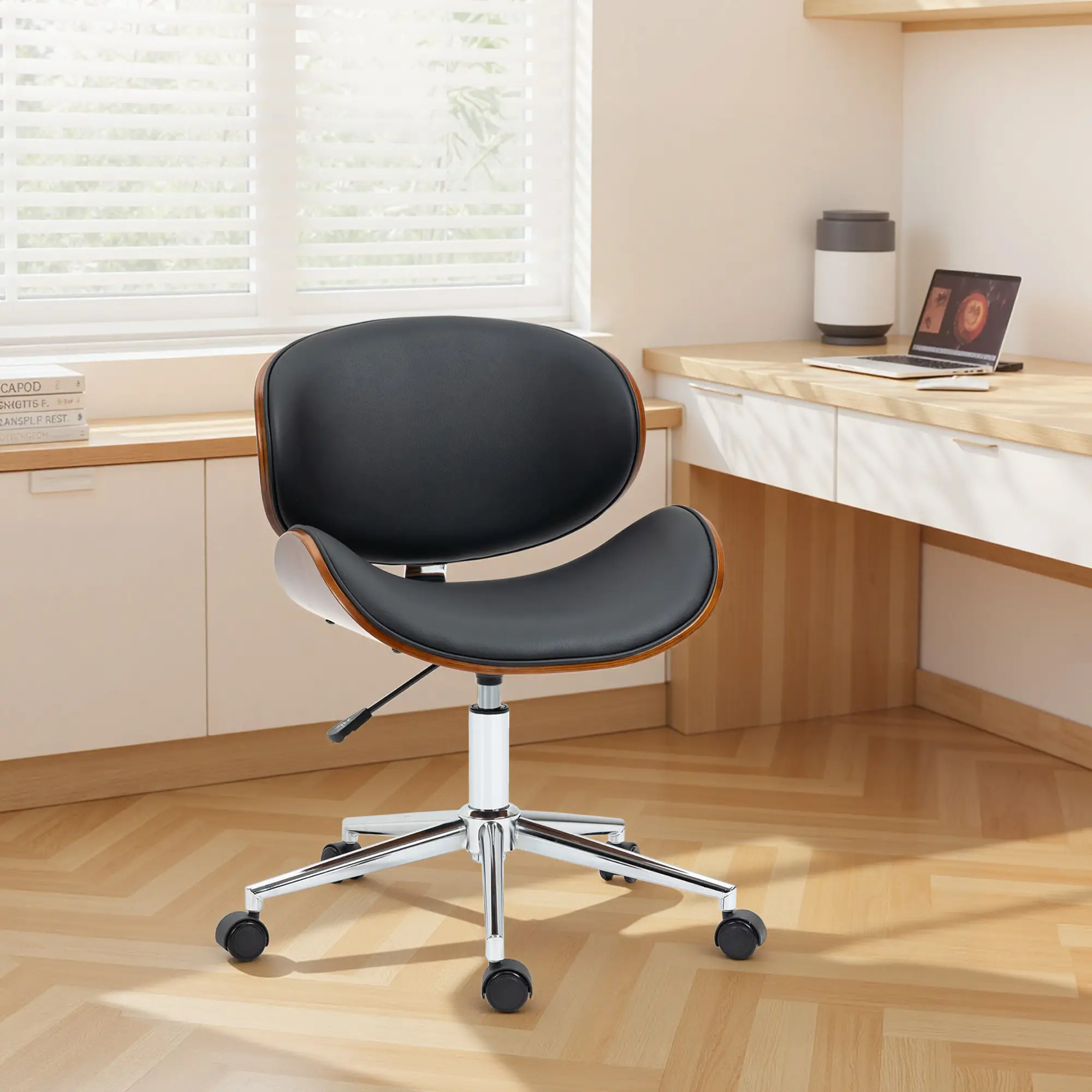 Faux Leather Bentwood Desk Chair, Adjustable Height, Black - Image 10