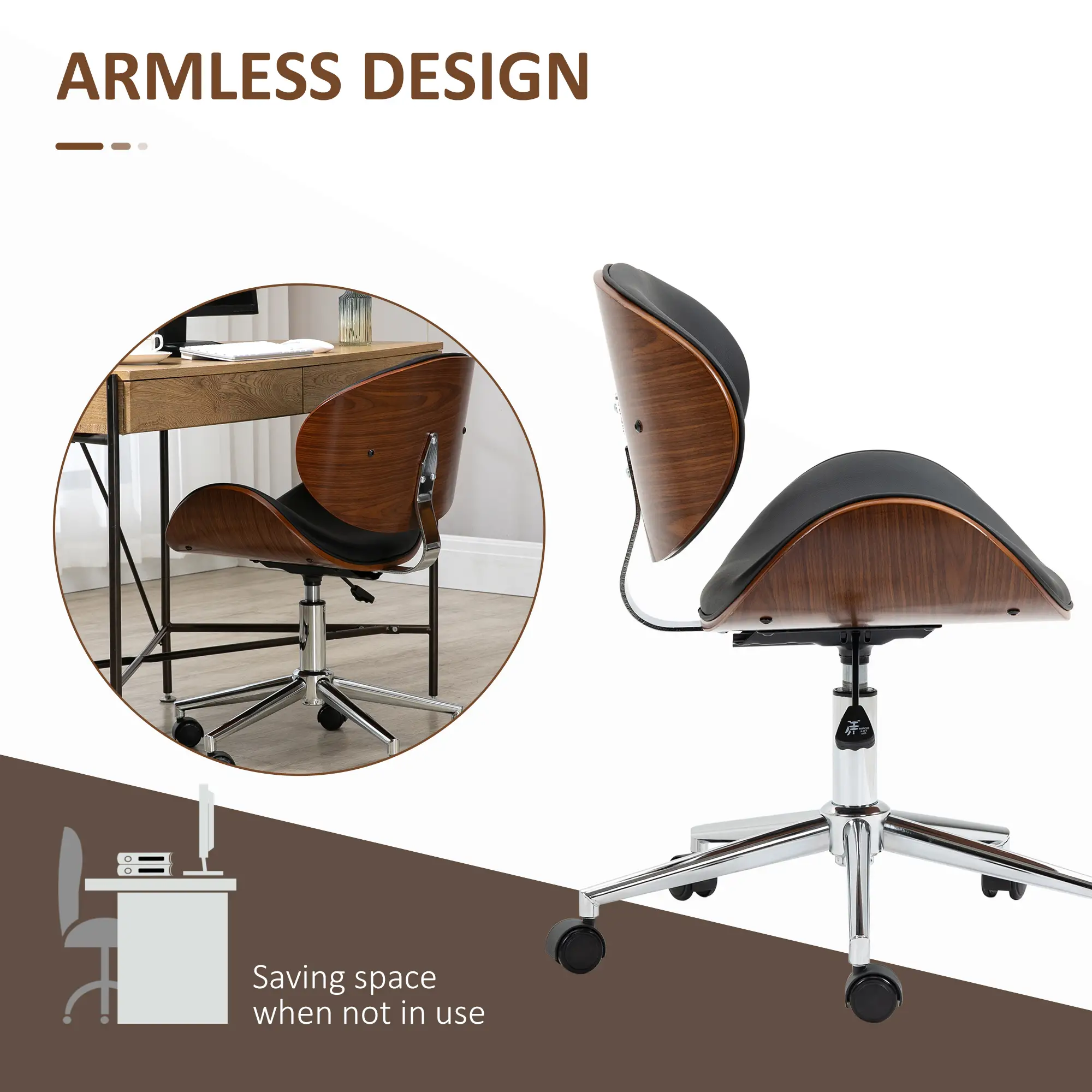 Faux Leather Bentwood Desk Chair, Adjustable Height, Black - Image 5