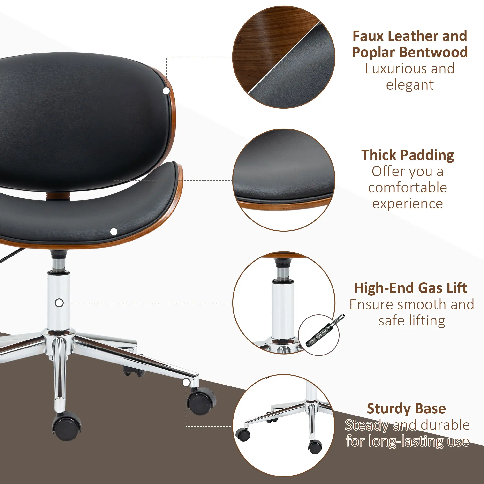 Faux Leather Bentwood Desk Chair, Adjustable Height, Black - Image 7
