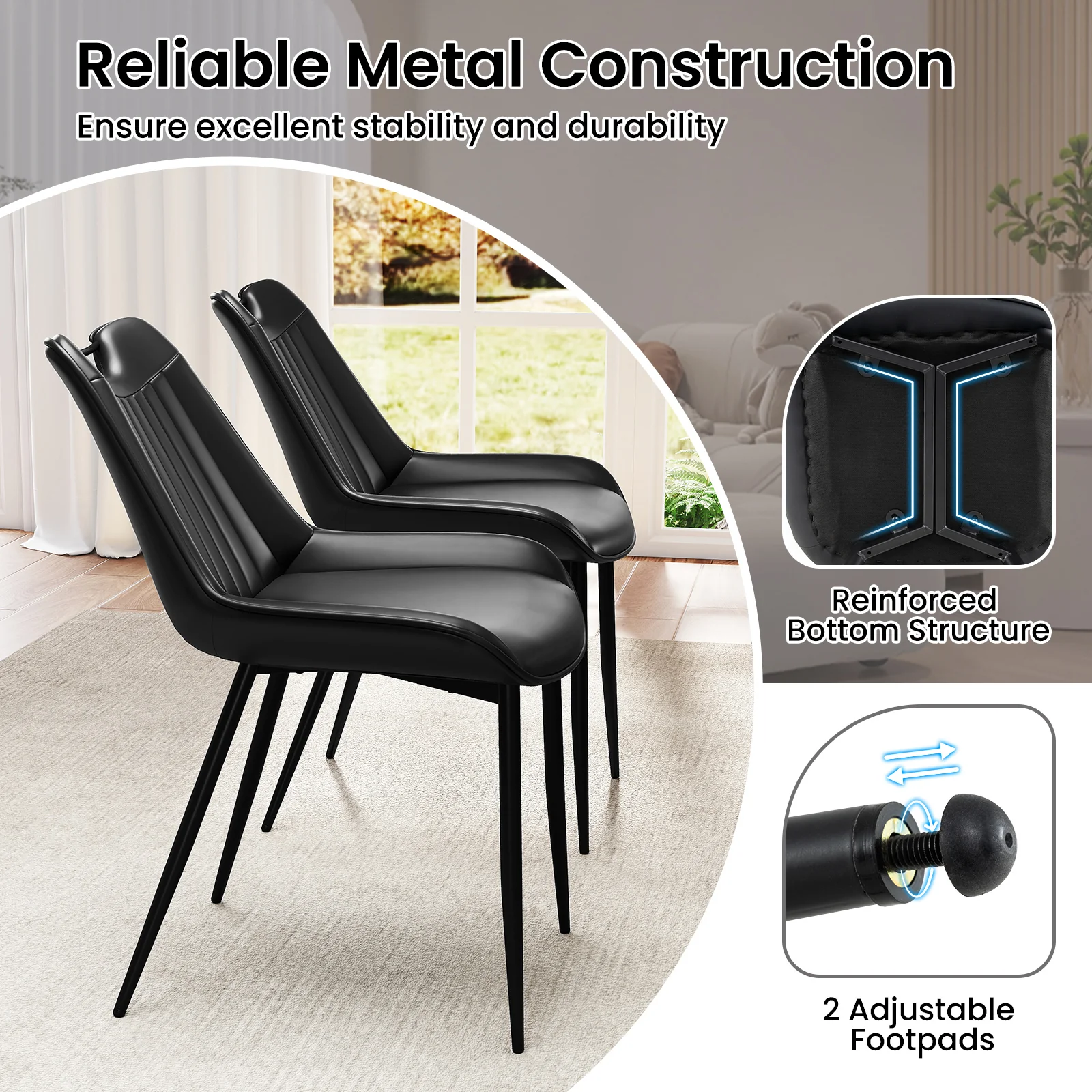 Faux Leather Dining Chairs, Set of 4, Metal Legs, Black - Image 7