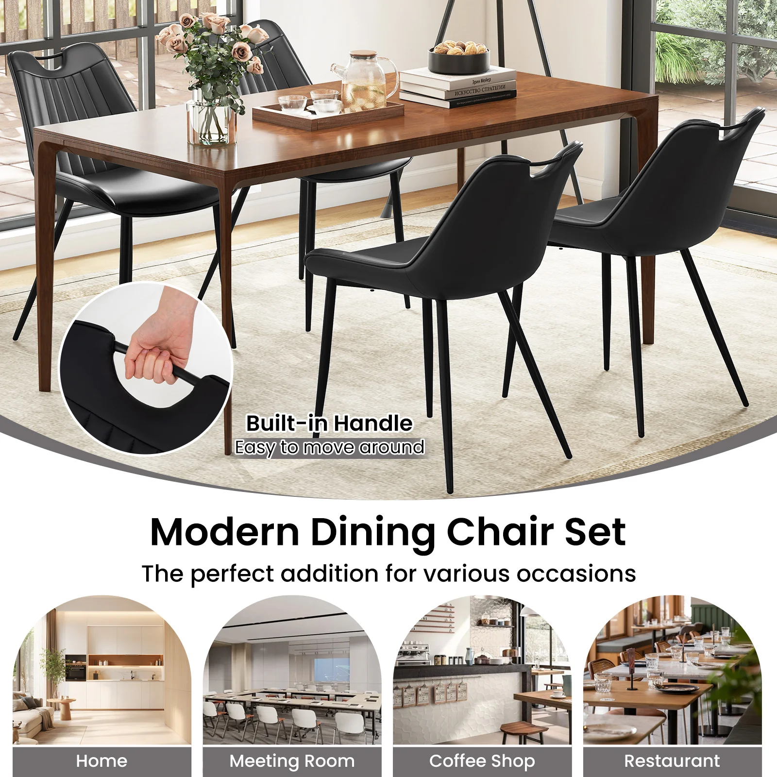 Faux Leather Dining Chairs, Set of 4, Metal Legs, Black - Image 8