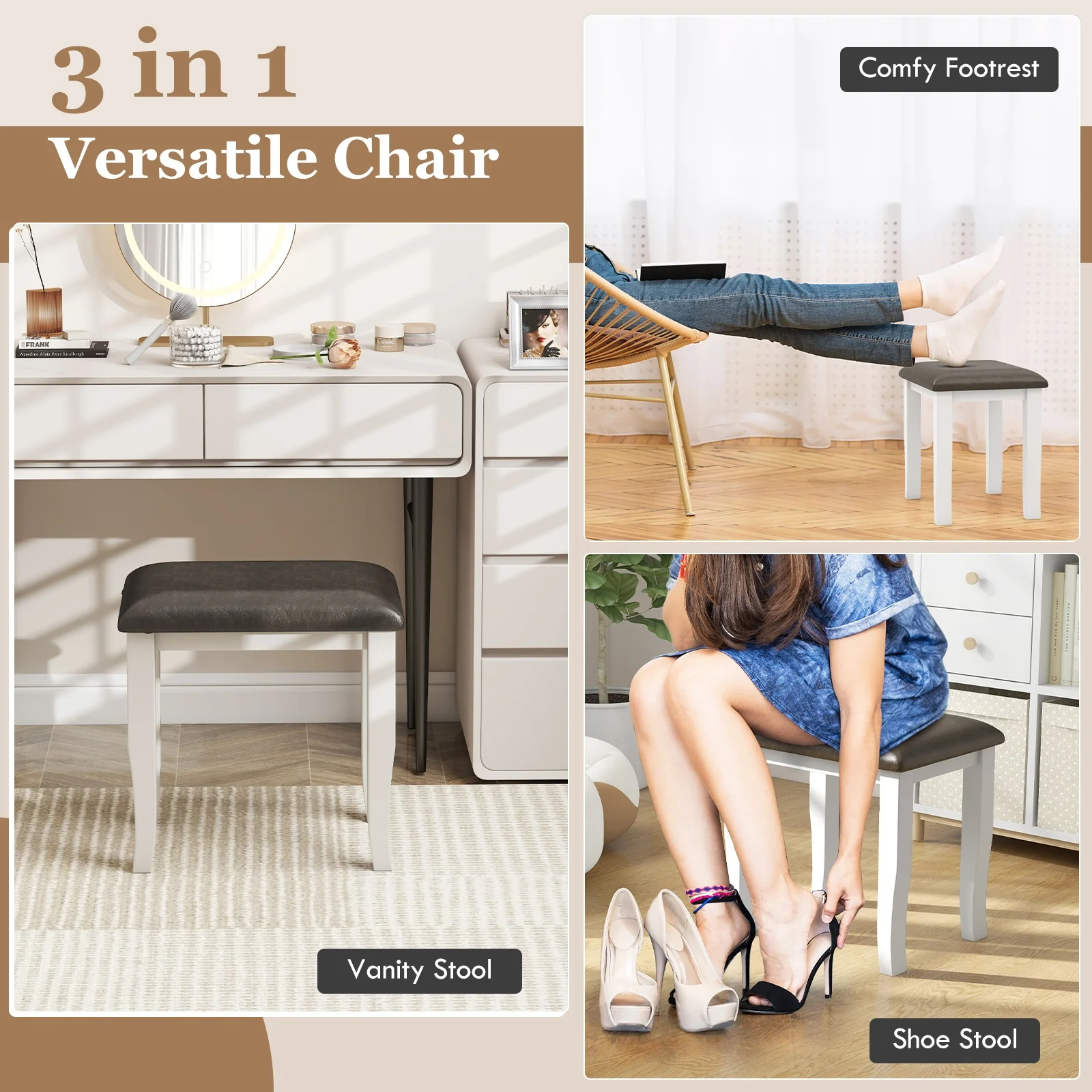 Faux Leather Vanity Stool Set, 2 and White Chairs, Gray - Image 8
