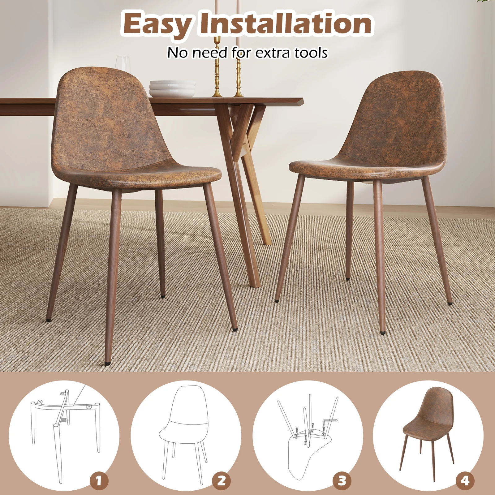 Faux PU Leather Dining Chair Set, 4 Kitchen Chairs, Metal Legs, Brown - Image 9
