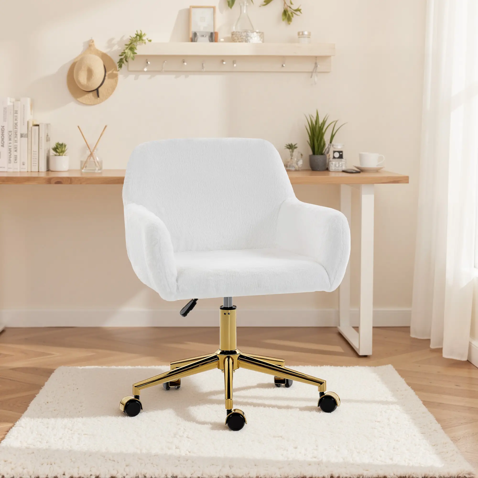 Faux Rabbit Fur Upholstered Office Chair, Cream White - Image 2