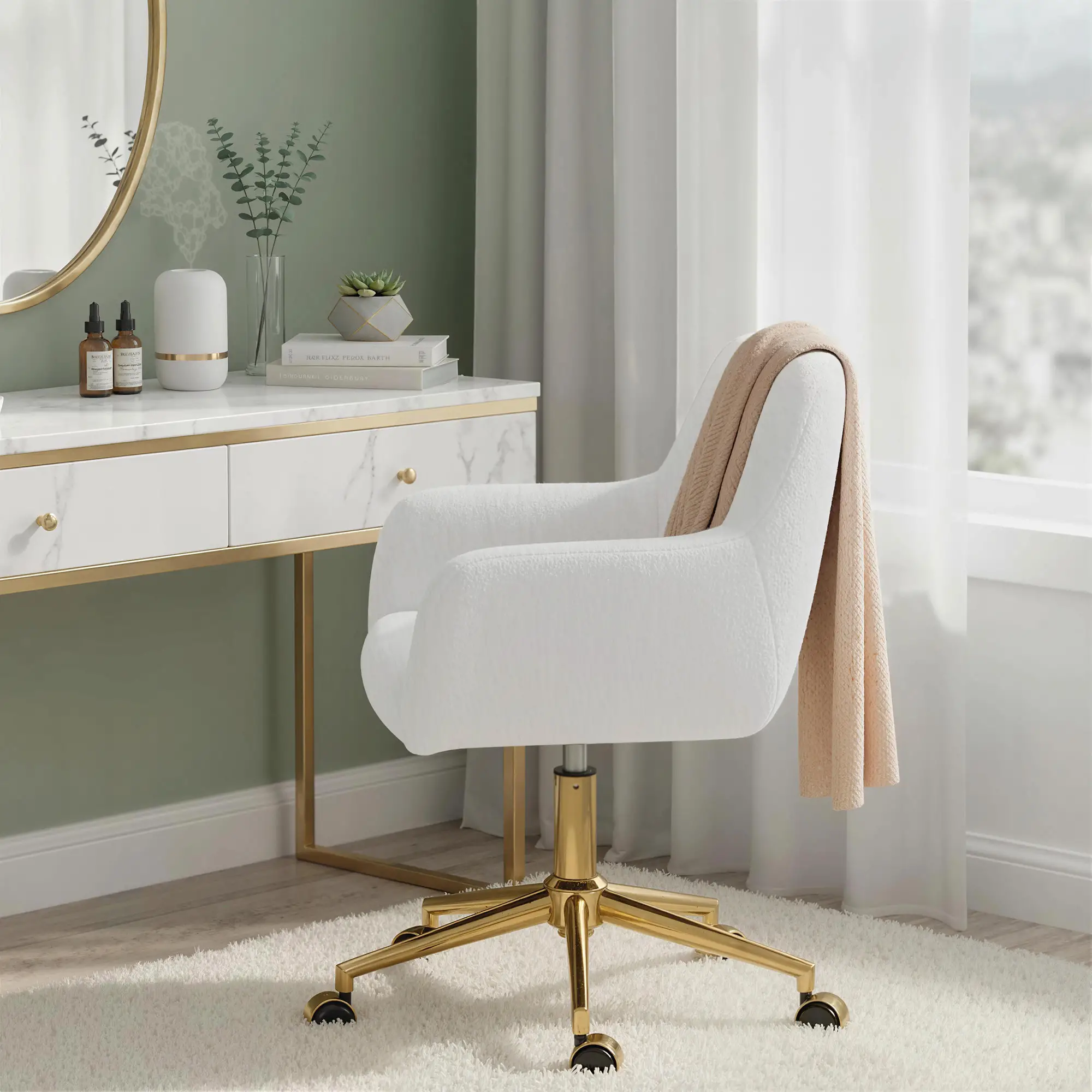 Faux Rabbit Fur Upholstered Office Chair, Cream White - Image 9