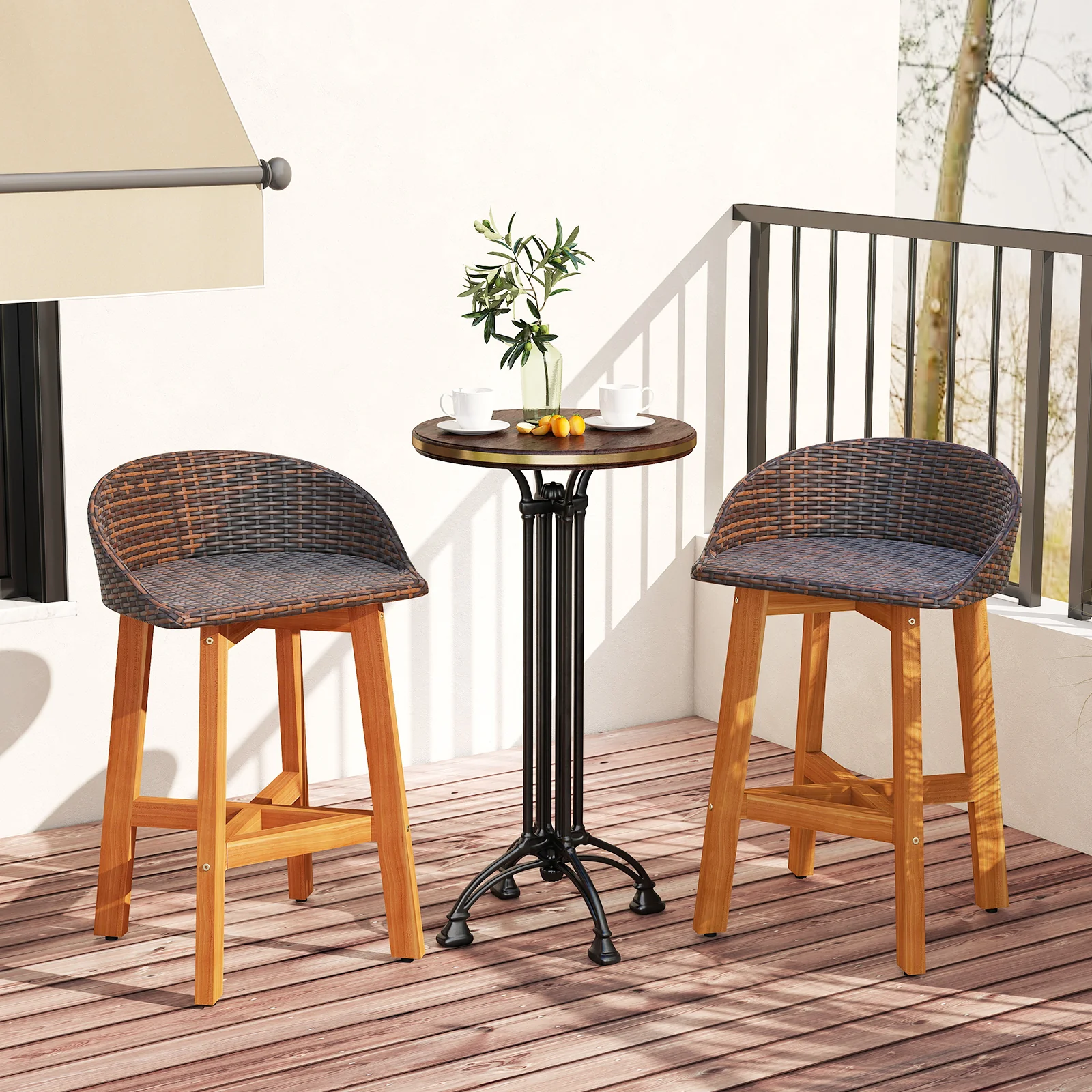 Faux Rattan Bar Chairs, Set of 2, Ergonomic Backrests, Brown - Image 2