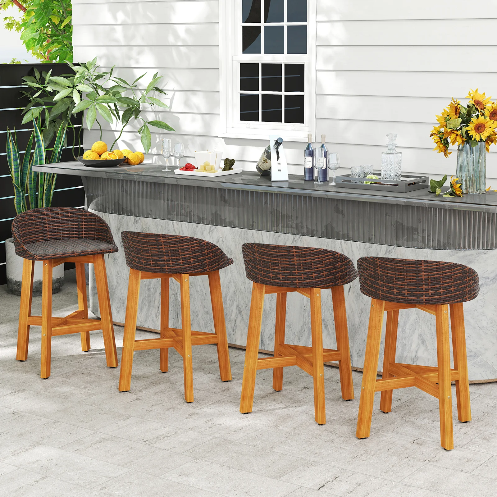 Faux Rattan Bar Chairs, Set of 2, Ergonomic Backrests, Brown - Image 3