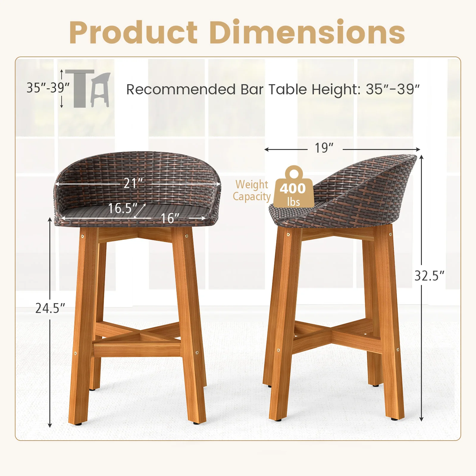 Faux Rattan Bar Chairs, Set of 2, Ergonomic Backrests, Brown - Image 5