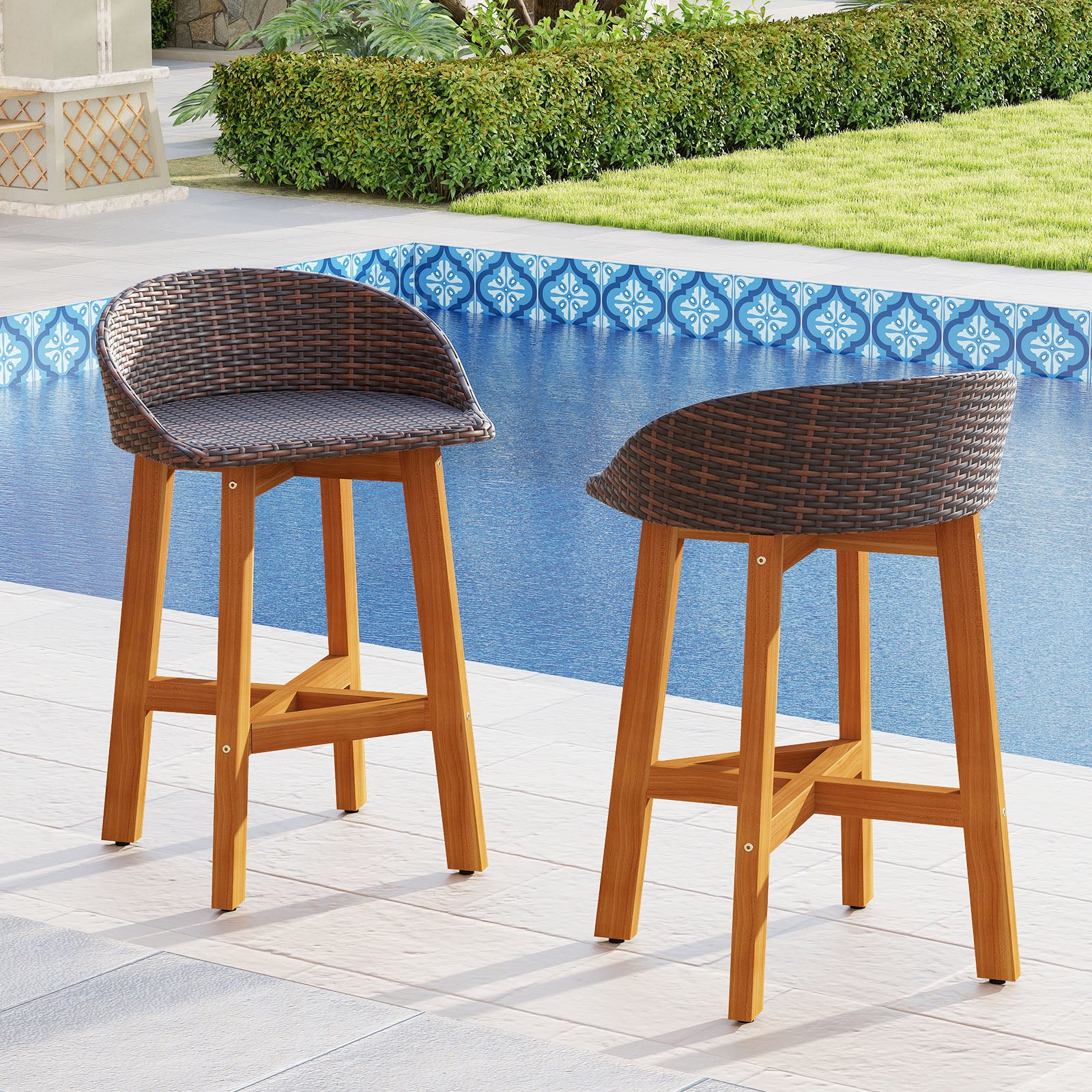 Faux Rattan Bar Chairs, Set of 2, Ergonomic Backrests, Brown - Image 6