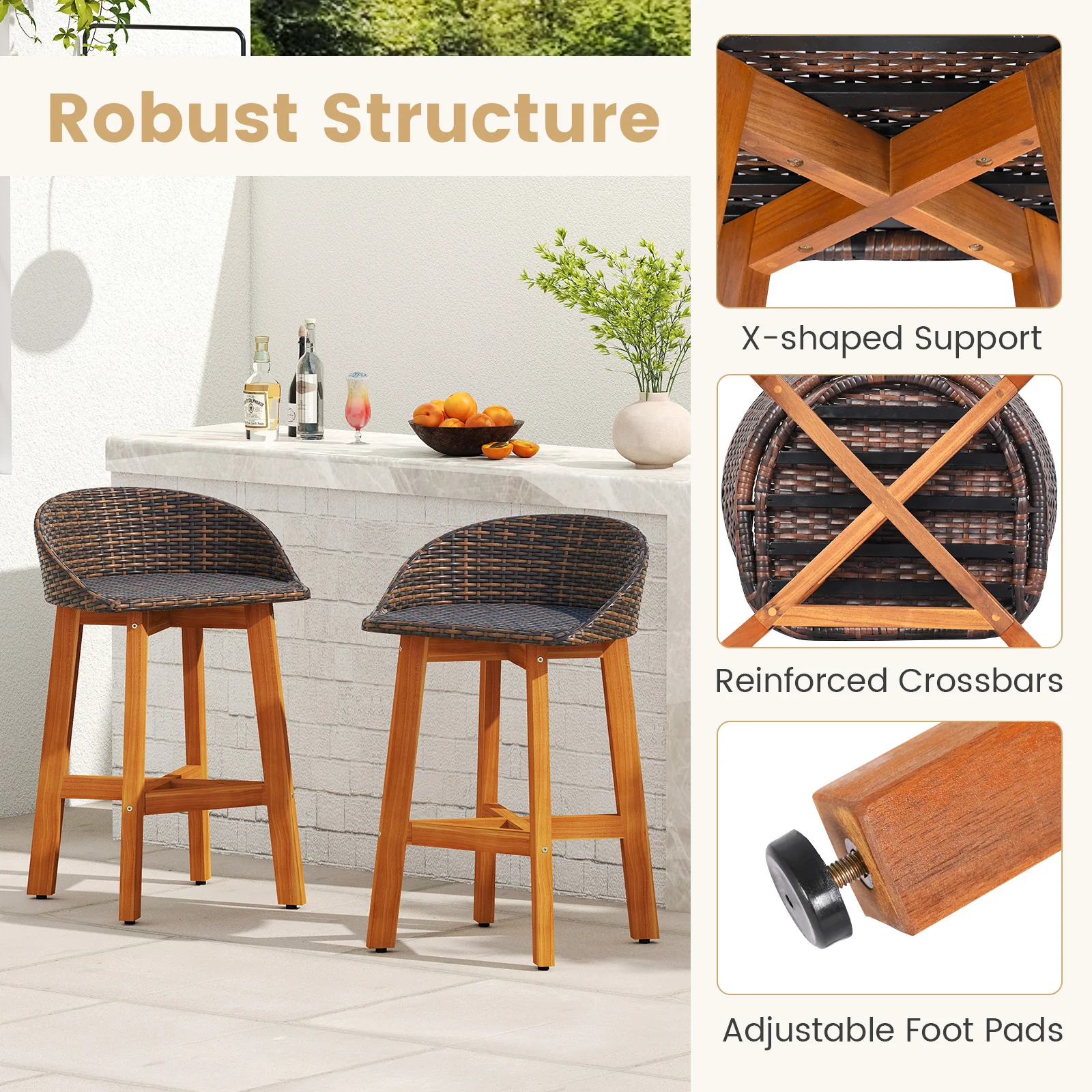 Faux Rattan Bar Chairs, Set of 2, Ergonomic Backrests, Brown - Image 7