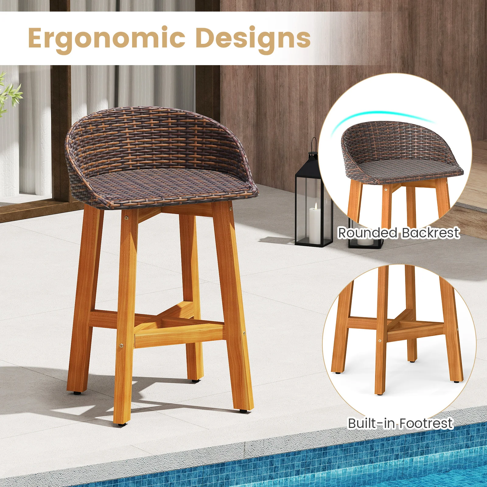Faux Rattan Bar Chairs, Set of 2, Ergonomic Backrests, Brown - Image 8