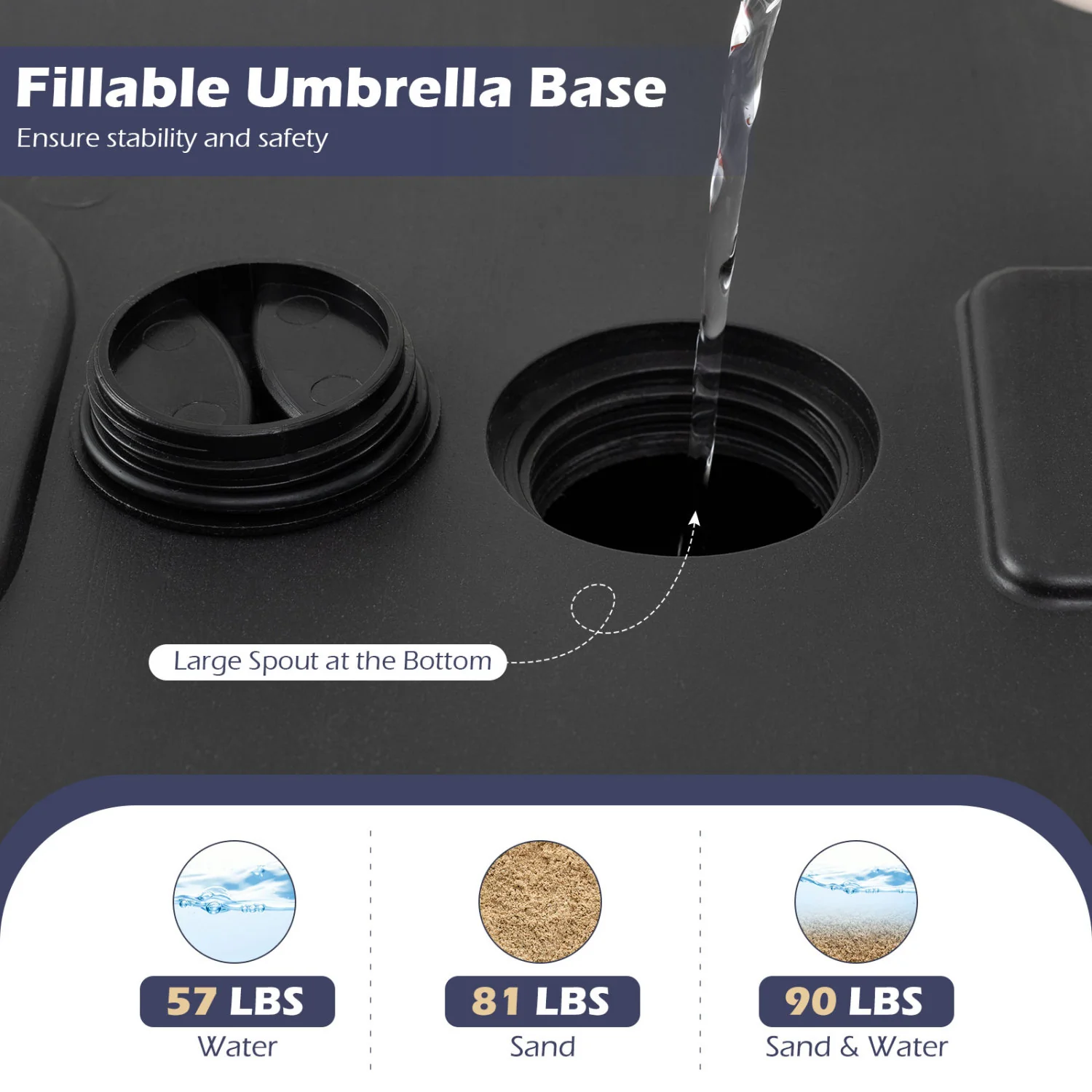 Fillable Umbrella Base, 90 LBS Heavy Duty With 2 Wheels, Black - Image 9
