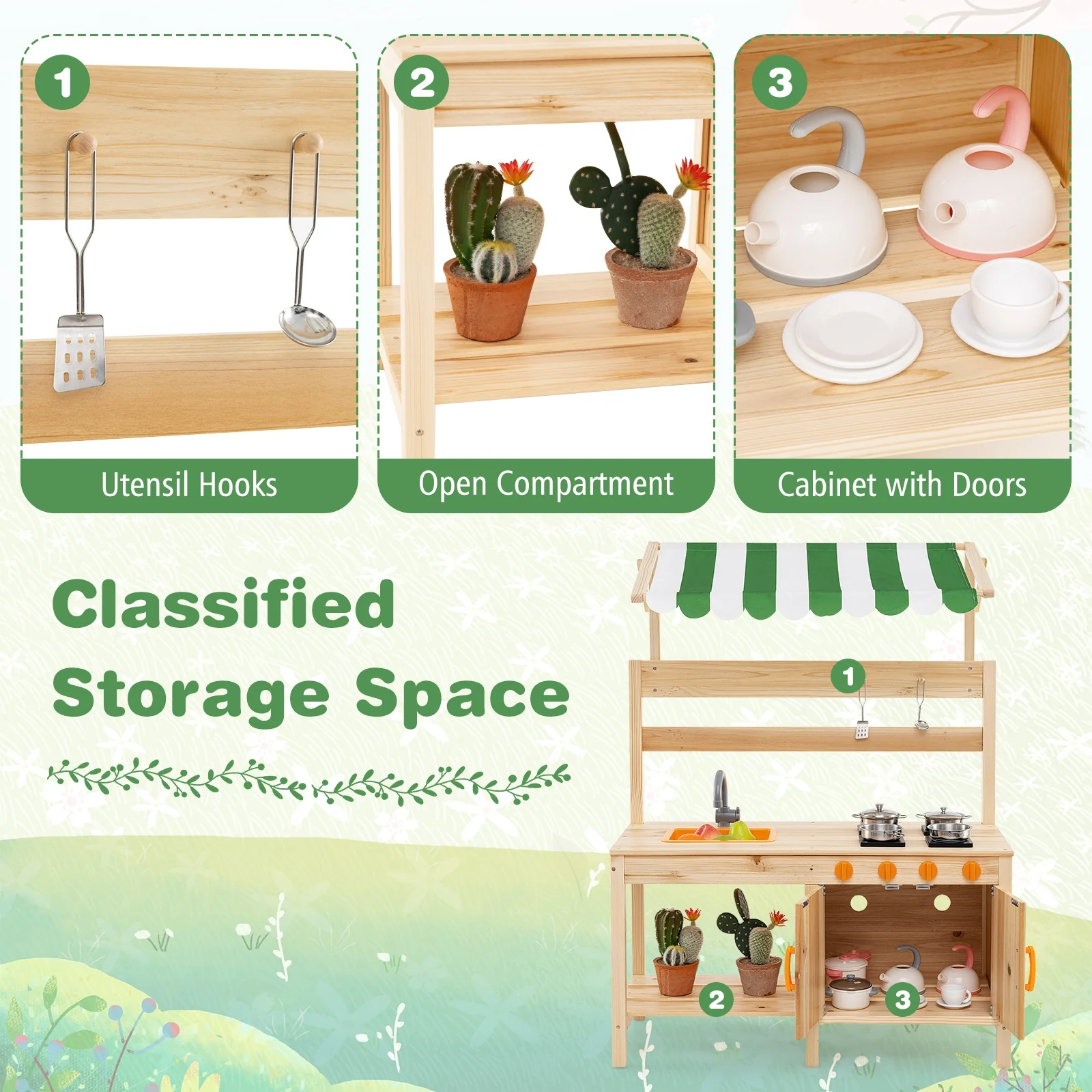 Fir Wood Mud Kitchen With Canopy, Sink, 4 Stoves, Natural - Image 7