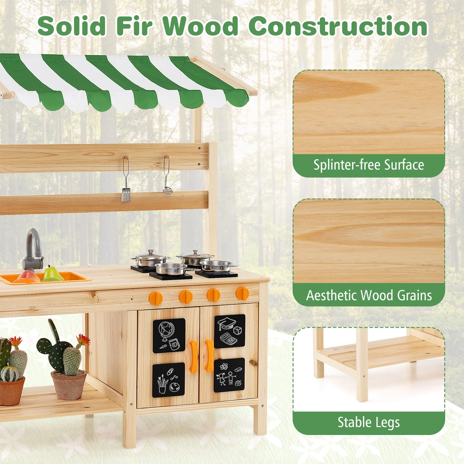 Fir Wood Mud Kitchen With Canopy, Sink, 4 Stoves, Natural - Image 8