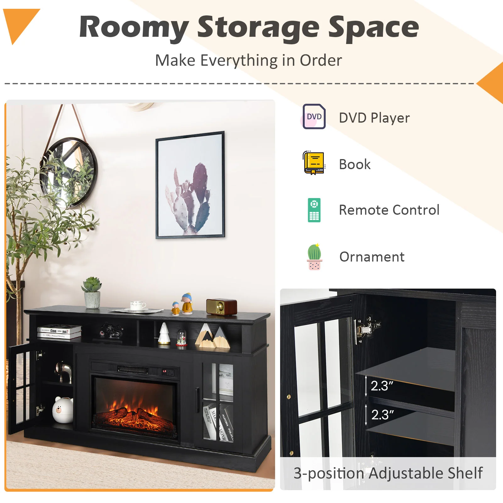 Fireplace TV Stand, 1400W Electric Fireplace, Black - Image 10
