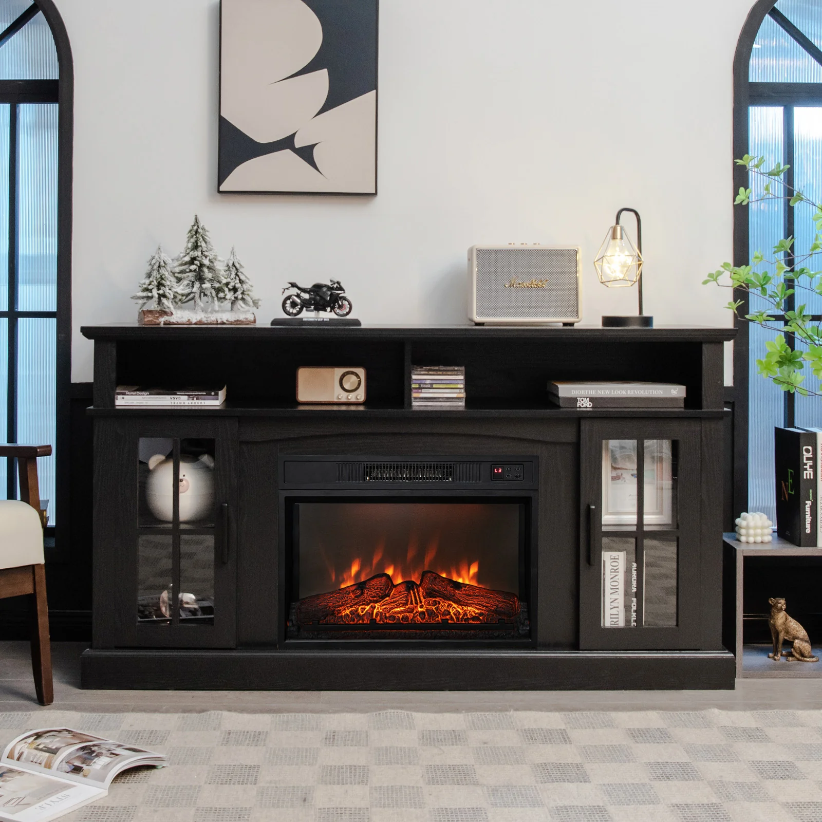 Fireplace TV Stand, 1400W Electric Fireplace, Black - Image 2