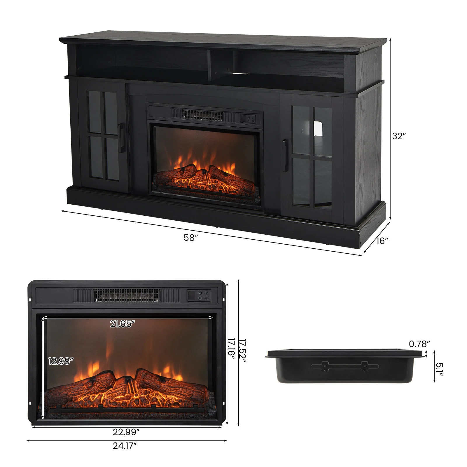 Fireplace TV Stand, 1400W Electric Fireplace, Black - Image 5