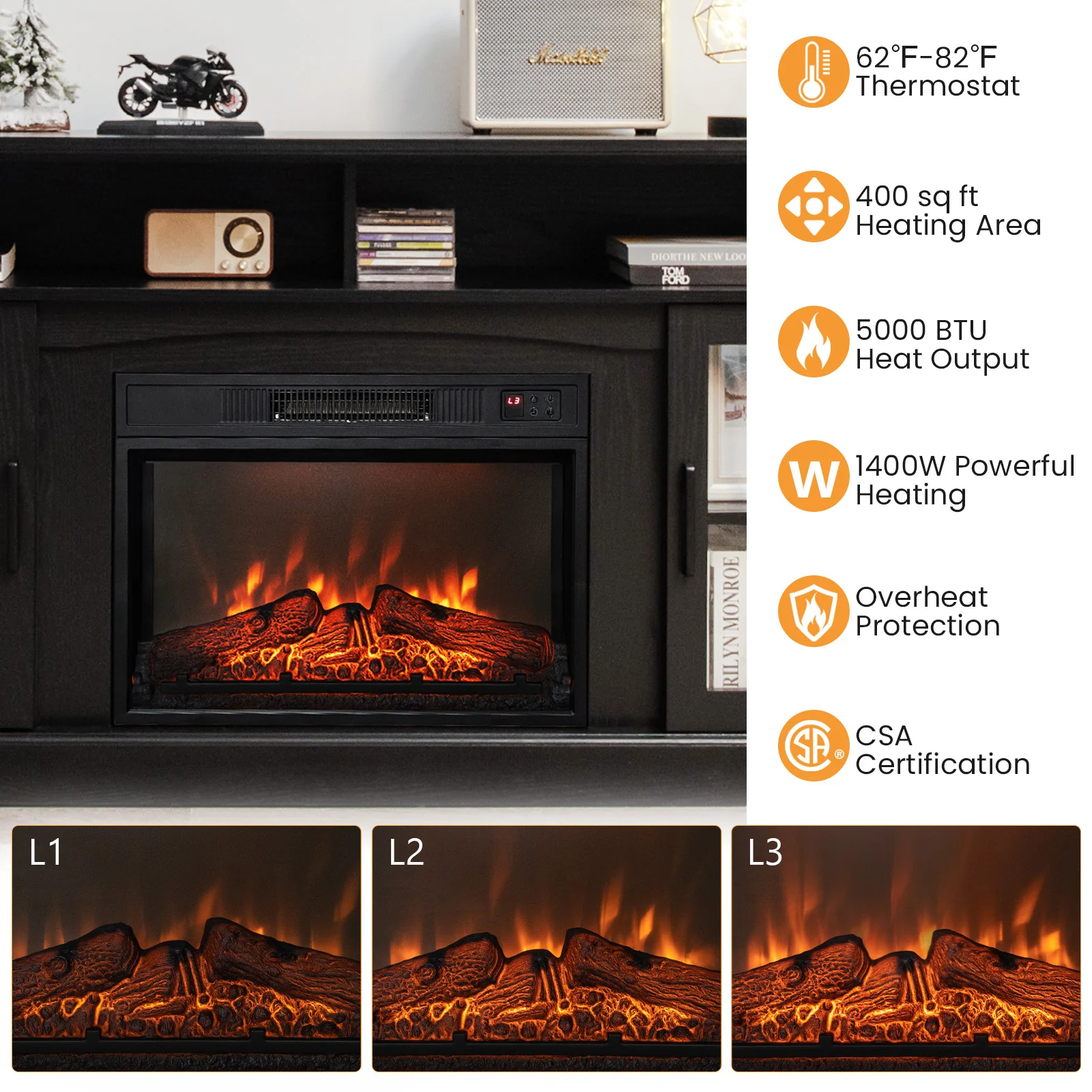 Fireplace TV Stand, 1400W Electric Fireplace, Black - Image 6