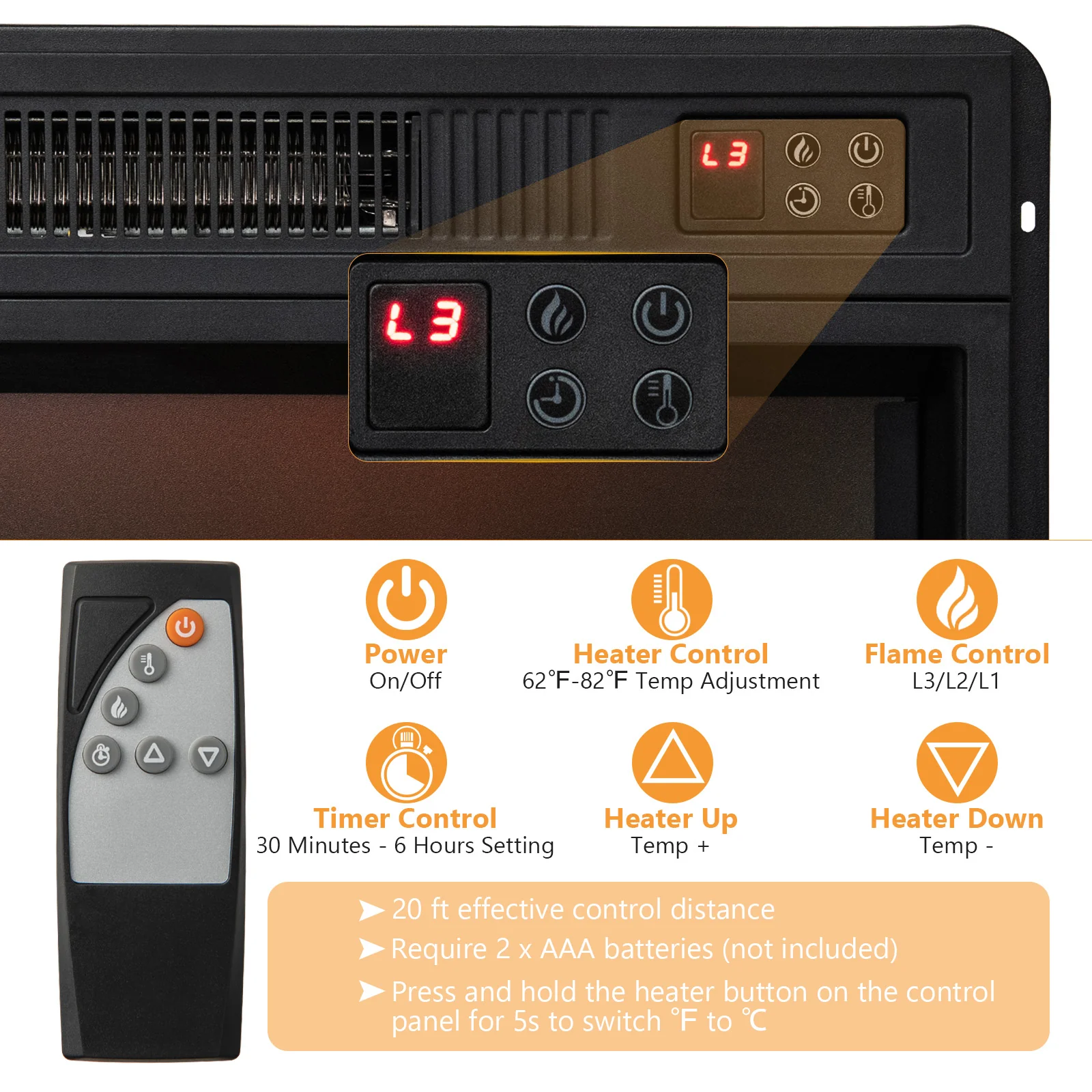 Fireplace TV Stand, 1400W Electric Fireplace, Black - Image 7