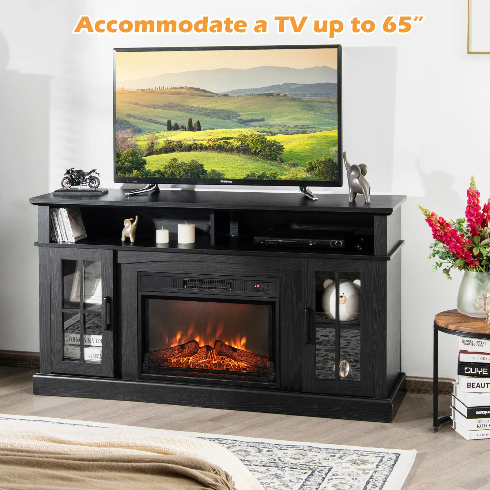 Fireplace TV Stand, 1400W Electric Fireplace, Black - Image 8