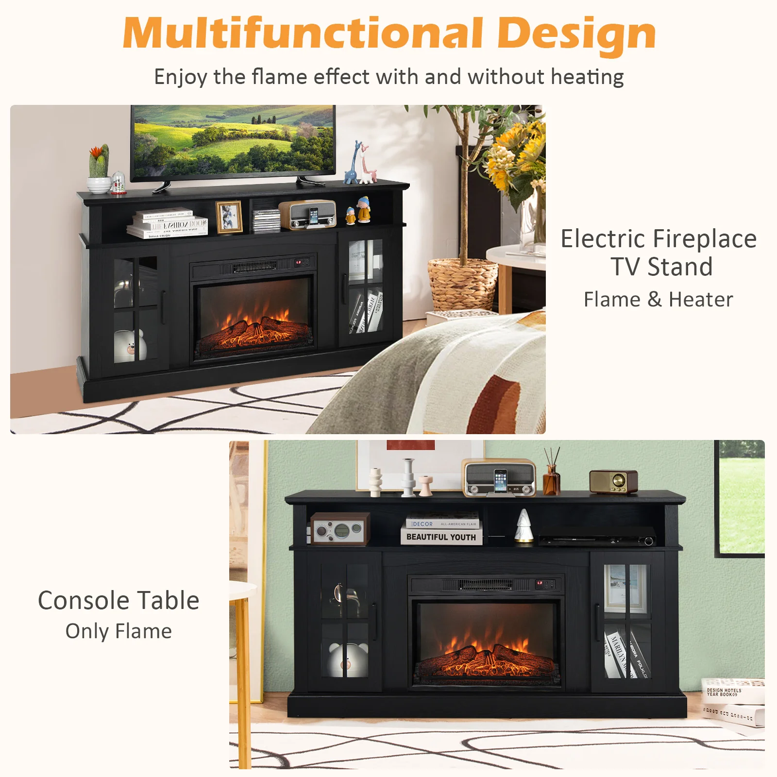 Fireplace TV Stand, 1400W Electric Fireplace, Black - Image 9
