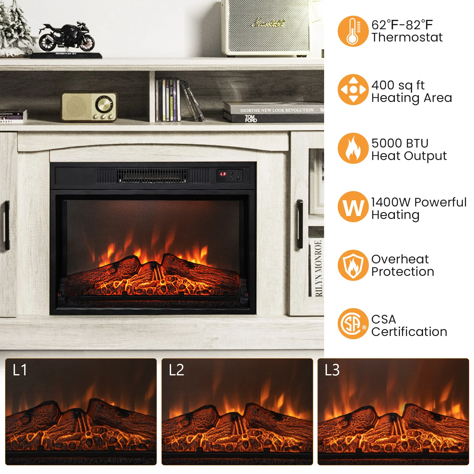 Fireplace TV Stand, 1400W Electric Fireplace, Gray - Image 6