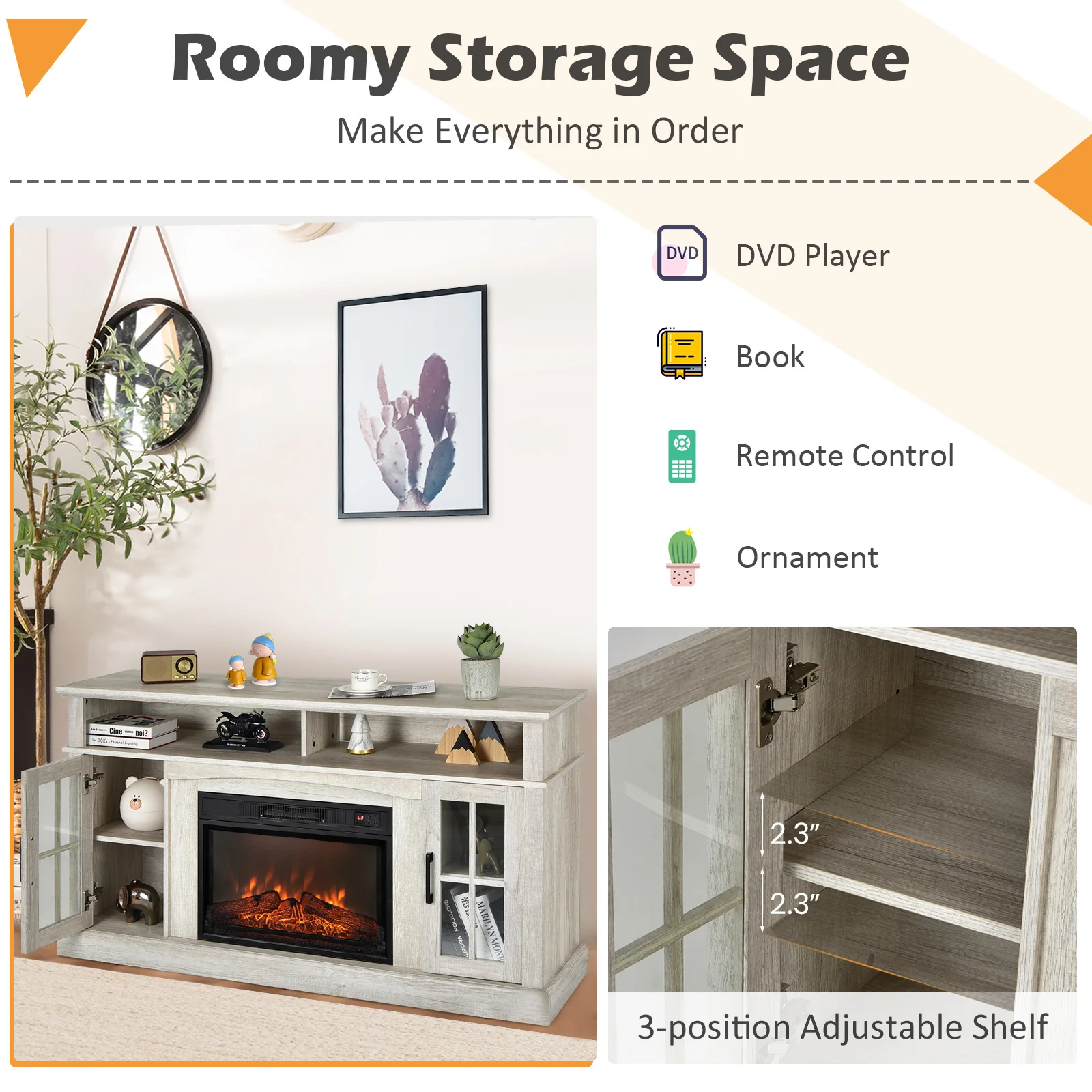Fireplace TV Stand, 1400W Electric Fireplace, Gray - Image 7