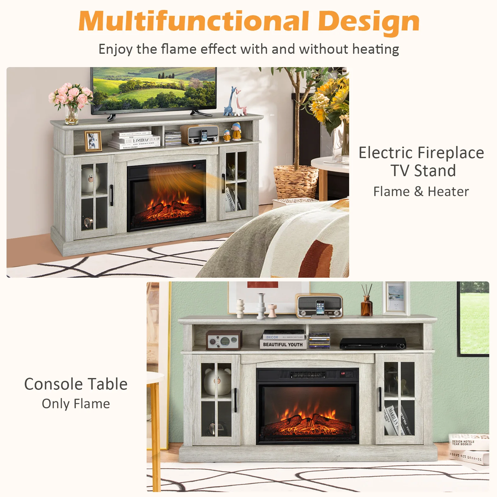 Fireplace TV Stand, 1400W Electric Fireplace, Gray - Image 8