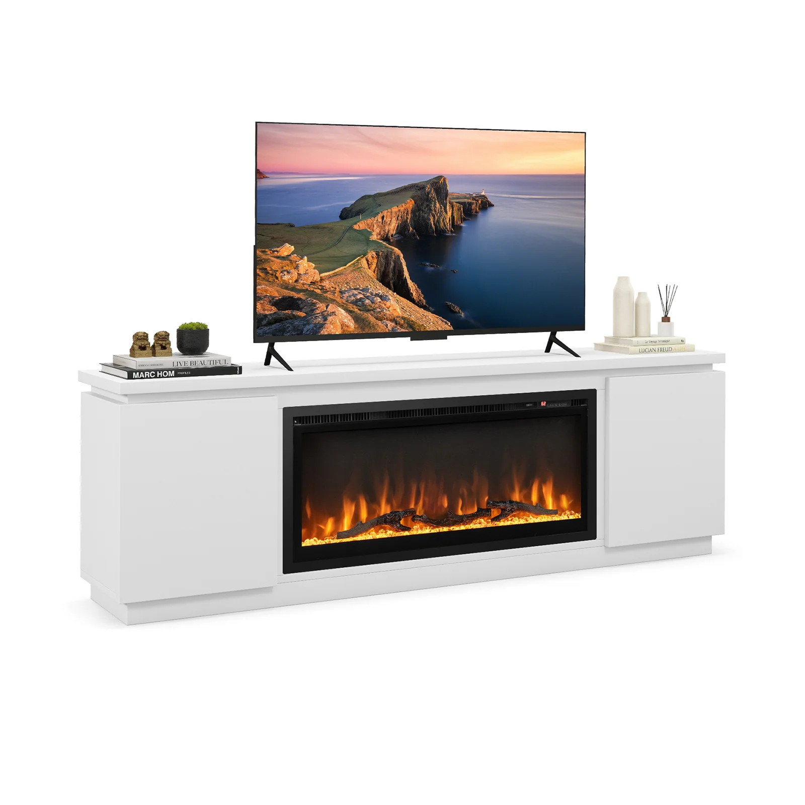 Fireplace TV Stand, 80 Inch, 3 Adjustable Shelves, White