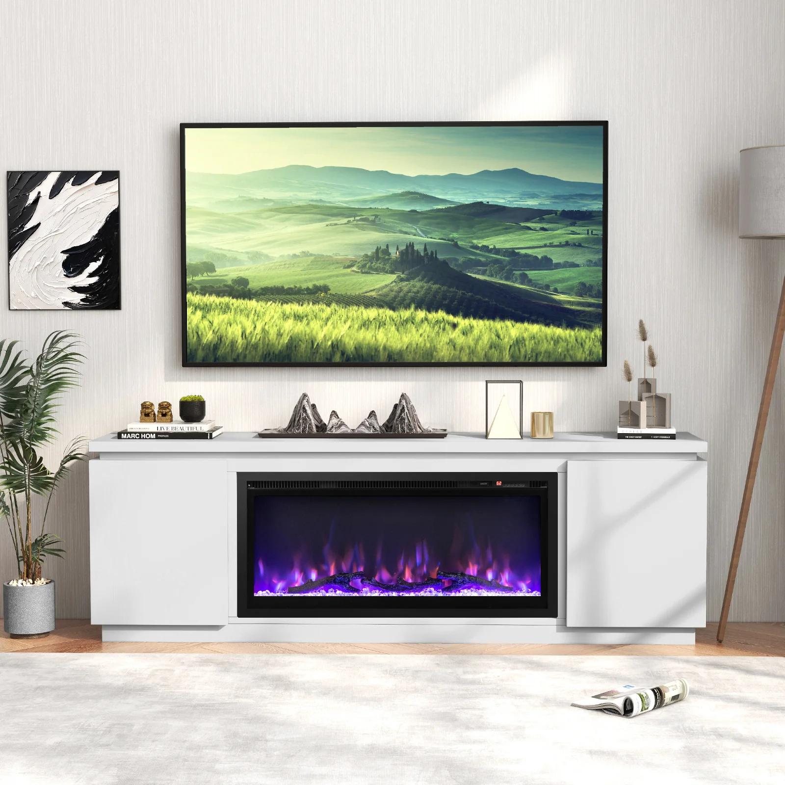 Fireplace TV Stand, 80 Inch, 3 Adjustable Shelves, White - Image 7
