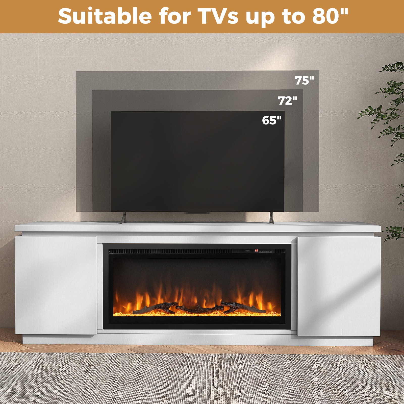 Fireplace TV Stand, 80 Inch, 3 Adjustable Shelves, White - Image 8