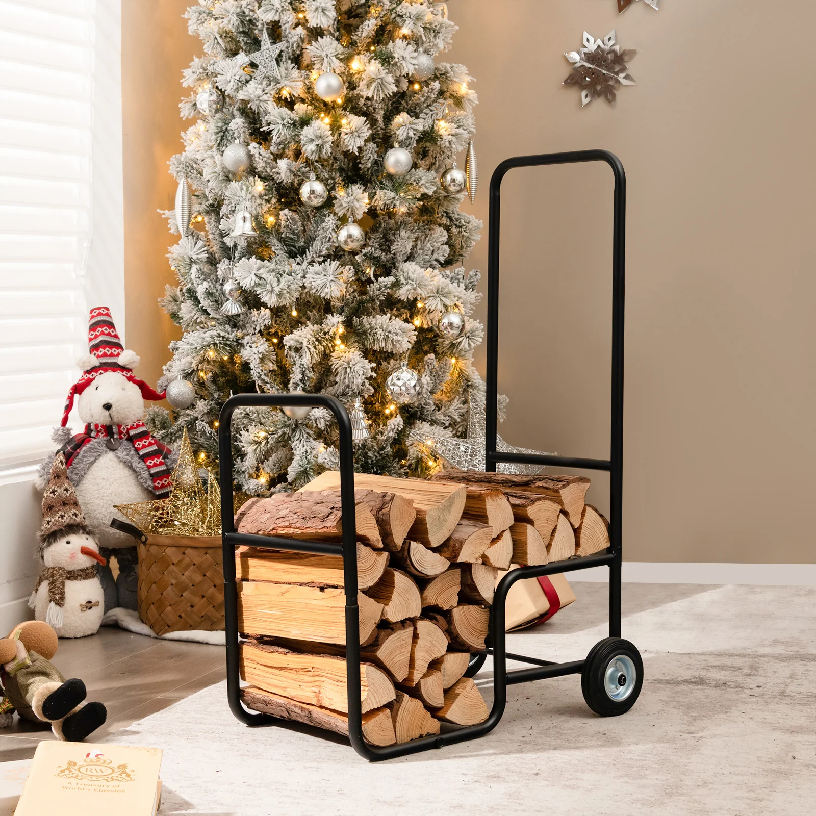 Firewood Log Cart Carrier, Anti-Slip Wheels, Black - Image 2