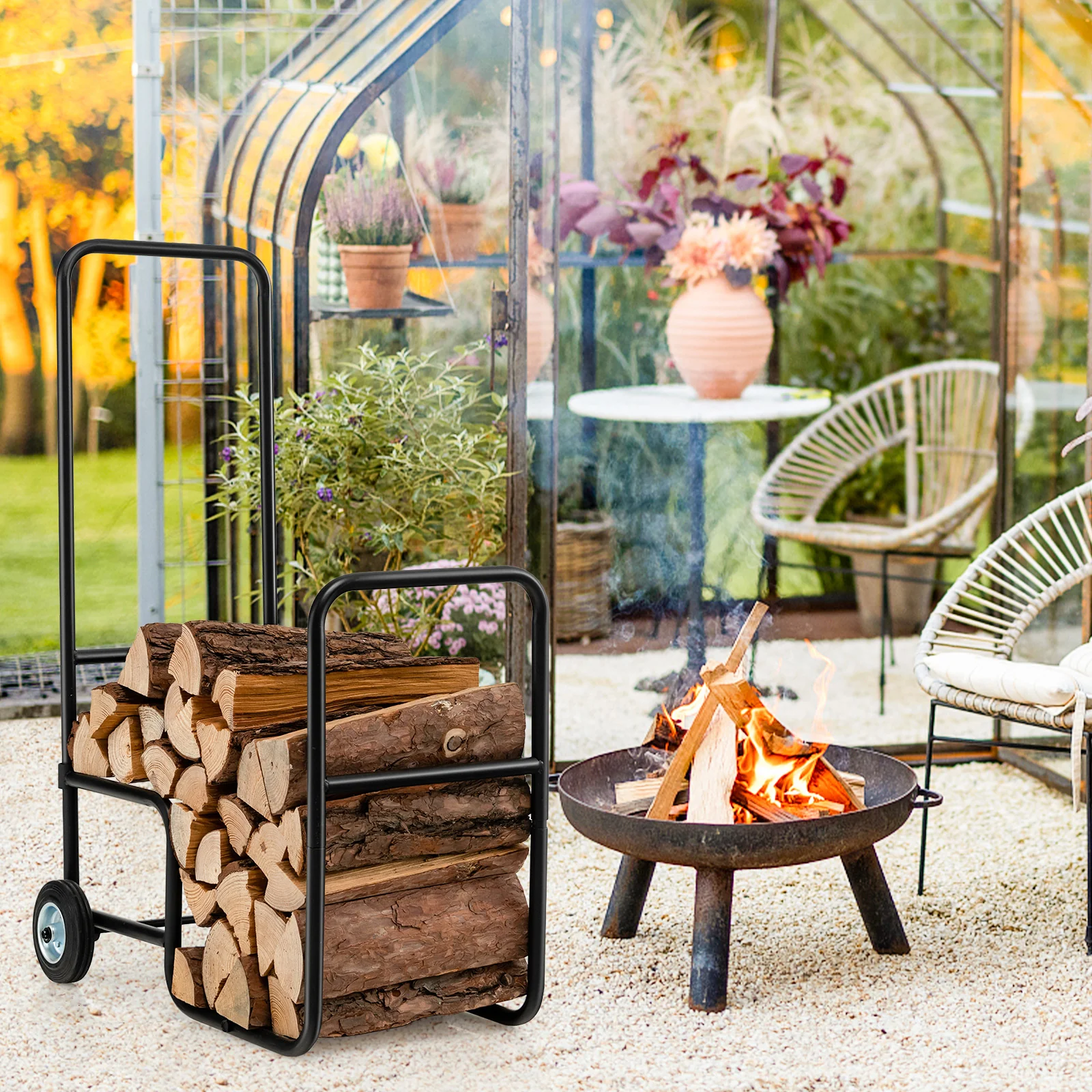 Firewood Log Cart Carrier, Anti-Slip Wheels, Black - Image 3