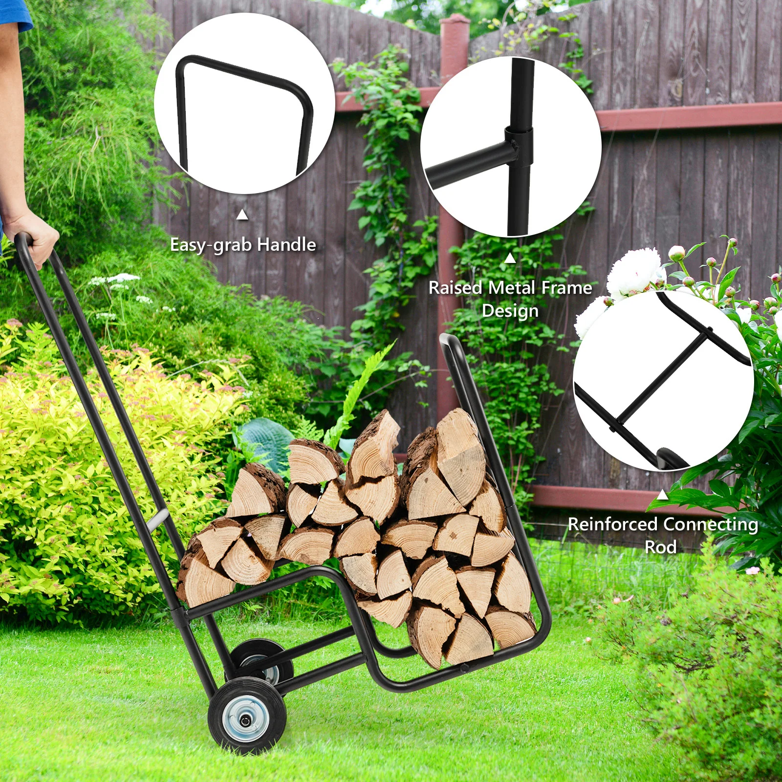 Firewood Log Cart Carrier, Anti-Slip Wheels, Black - Image 9