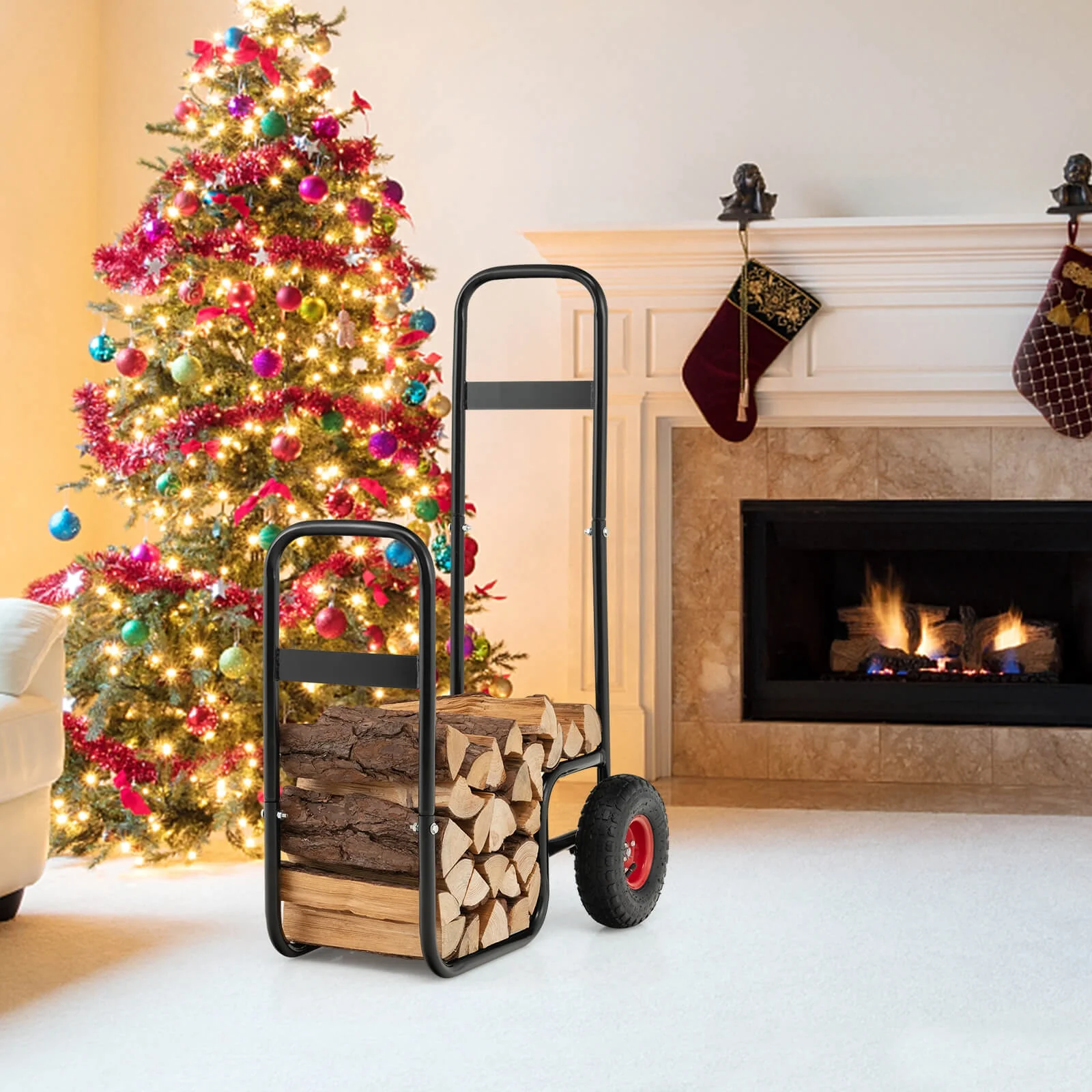 Firewood Log Cart Carrier, With Rubber Wheels, Black - Image 3