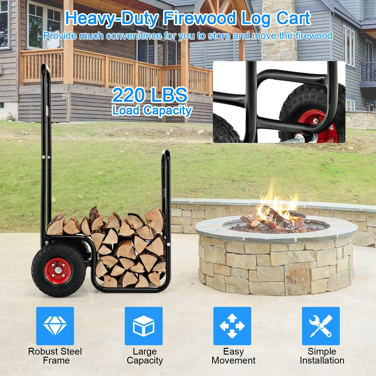 Firewood Log Cart Carrier, With Rubber Wheels, Black - Image 4