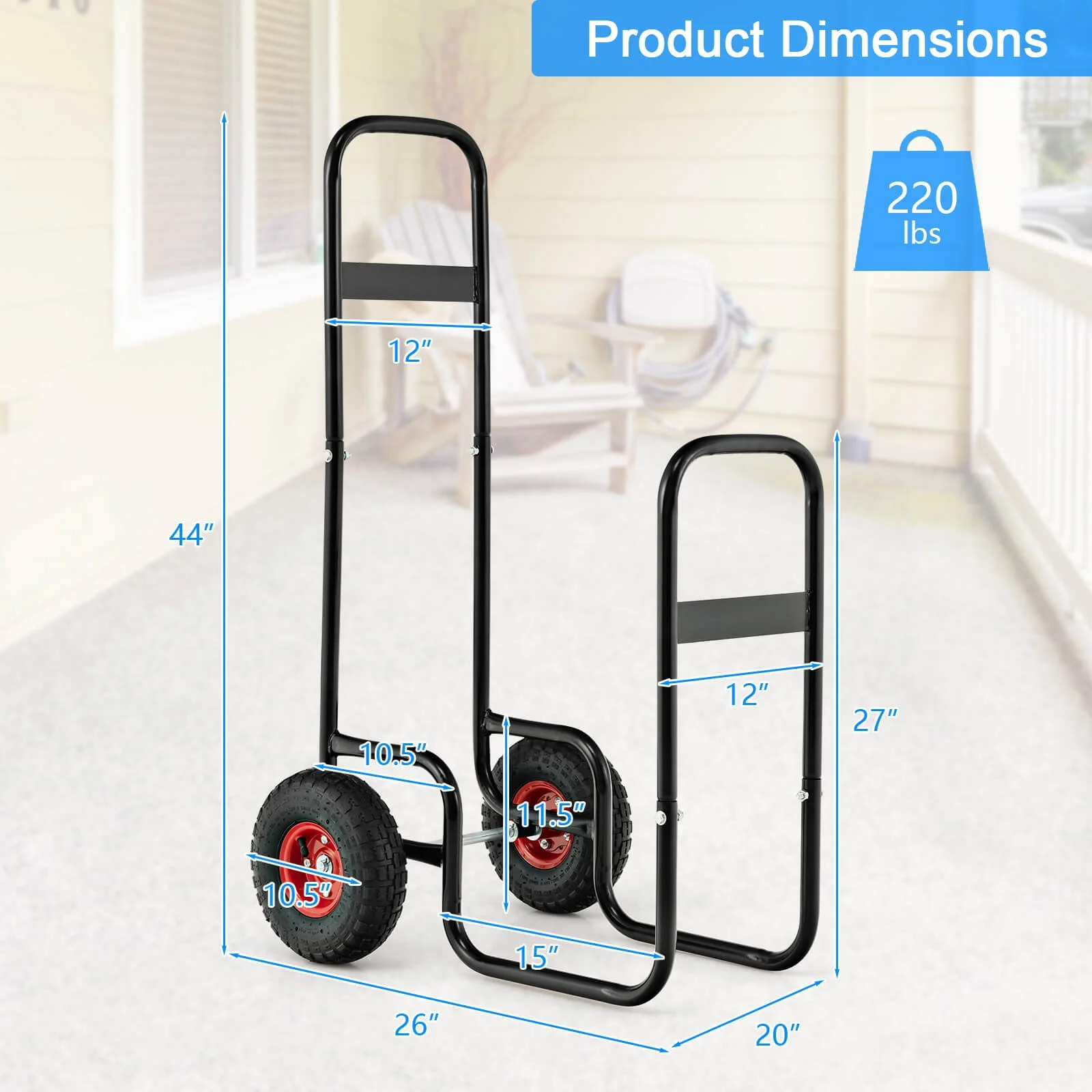 Firewood Log Cart Carrier, With Rubber Wheels, Black - Image 6