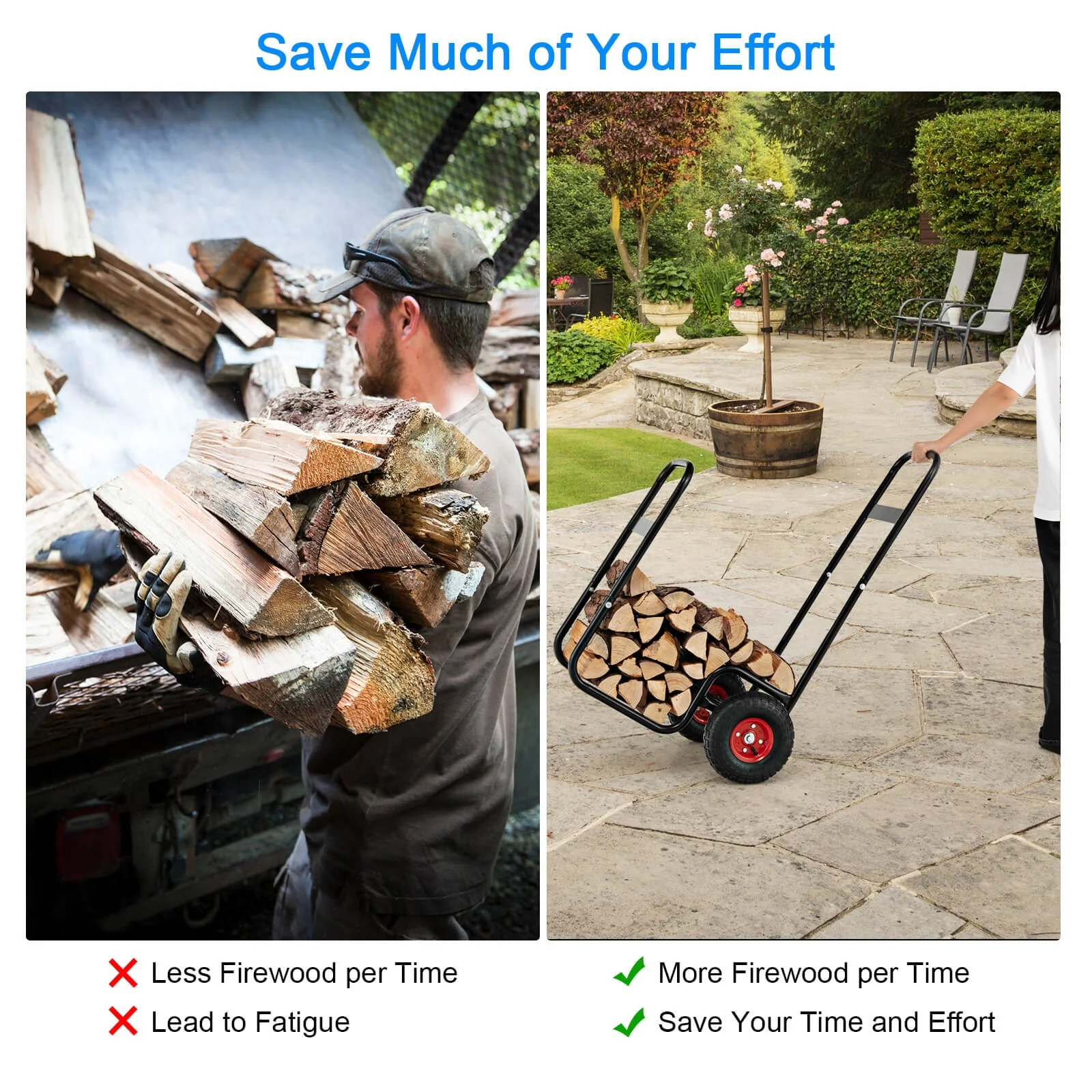 Firewood Log Cart Carrier, With Rubber Wheels, Black - Image 7