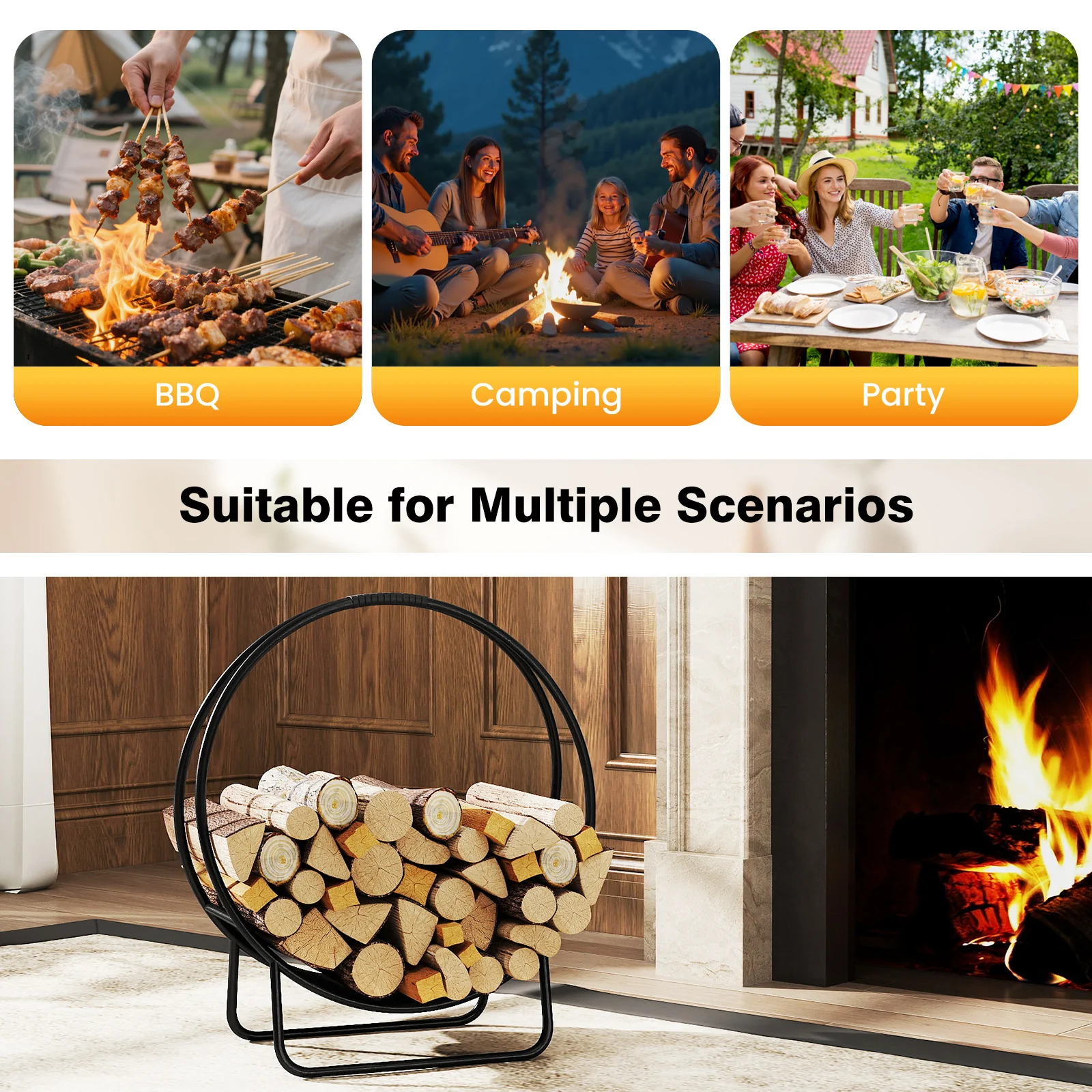 Firewood Log Hoop 20 Inch Round Heavy-duty Metal Curved Log Rack with Stand - Image 10