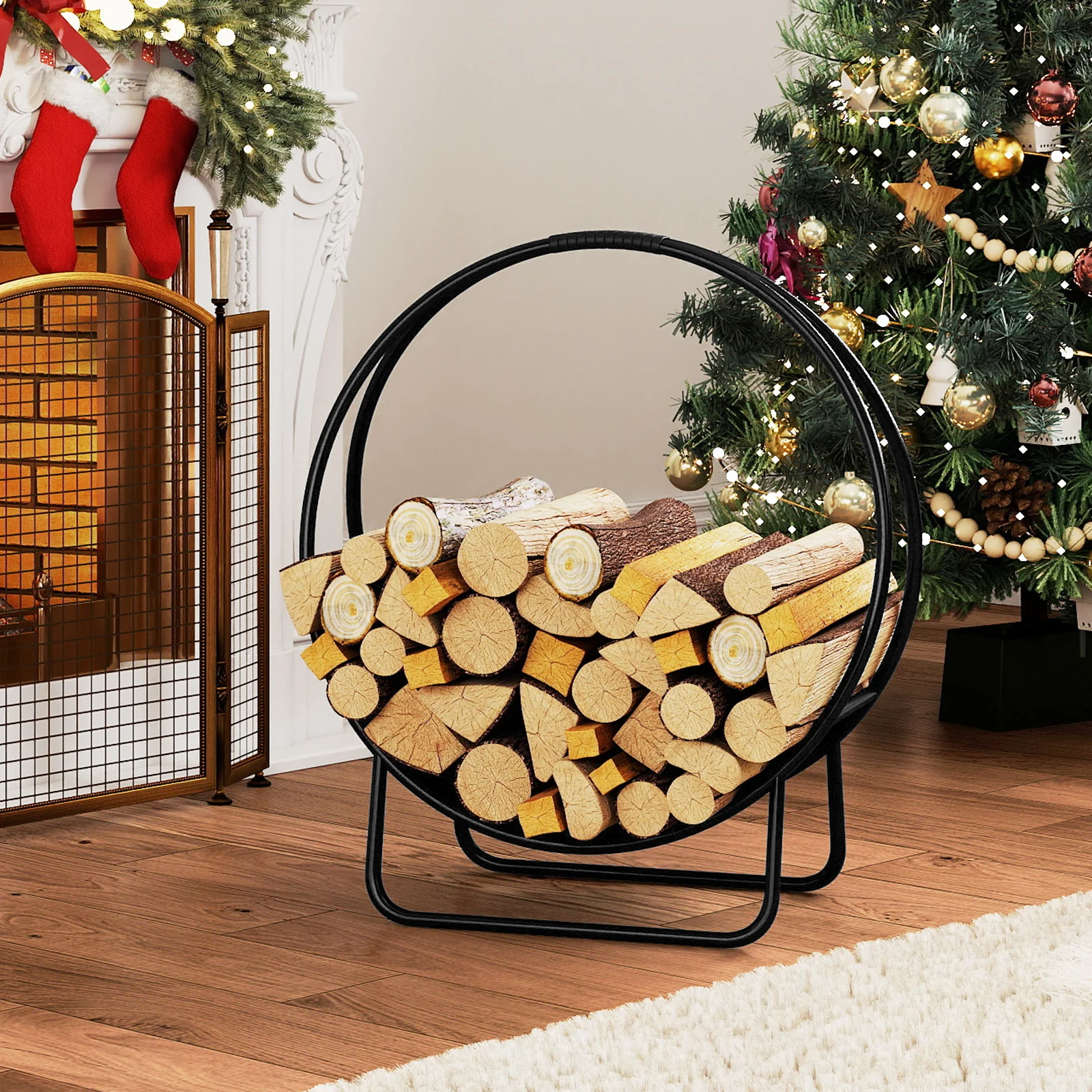 Firewood Log Hoop 20 Inch Round Heavy-duty Metal Curved Log Rack with Stand - Image 2