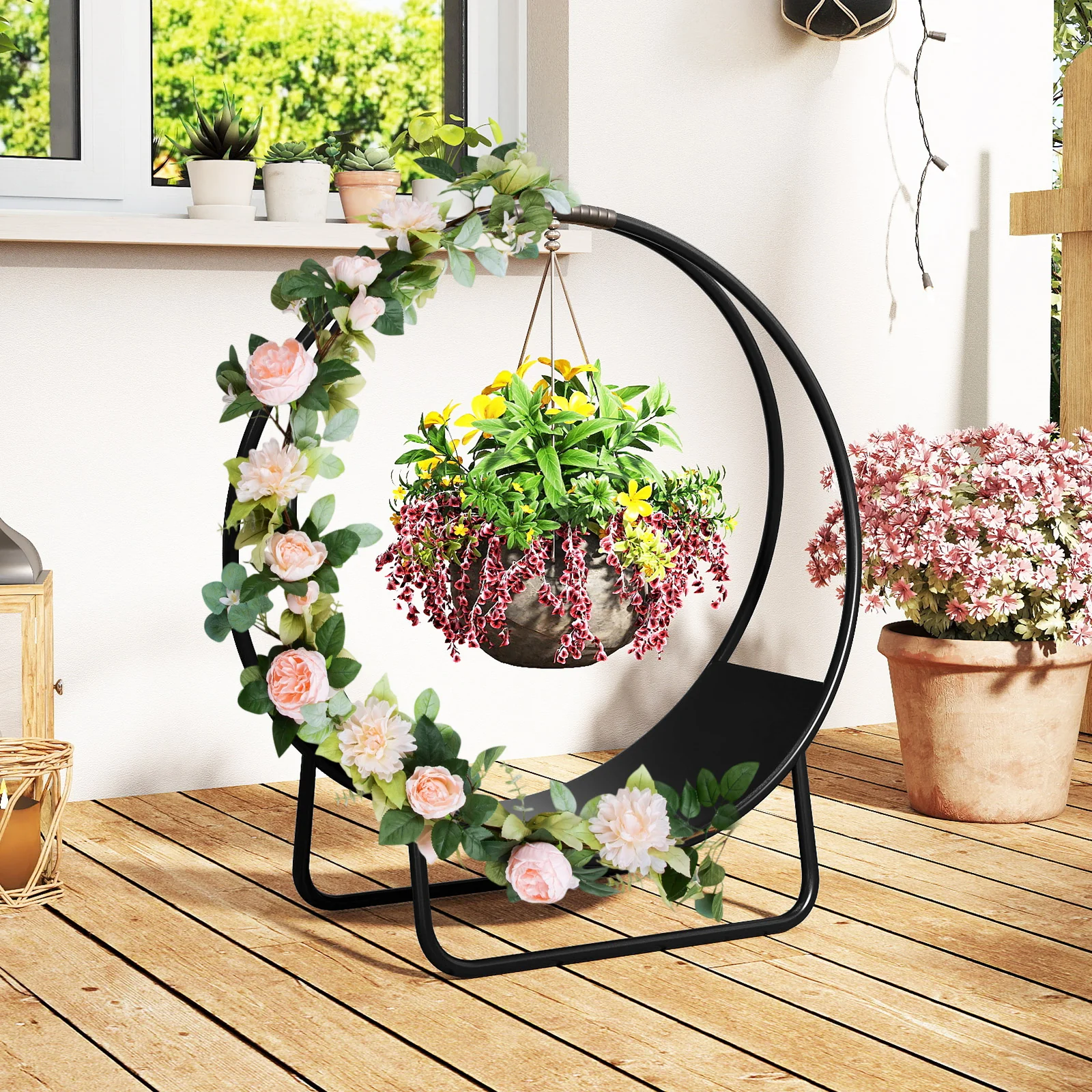 Firewood Log Hoop 20 Inch Round Heavy-duty Metal Curved Log Rack with Stand - Image 3