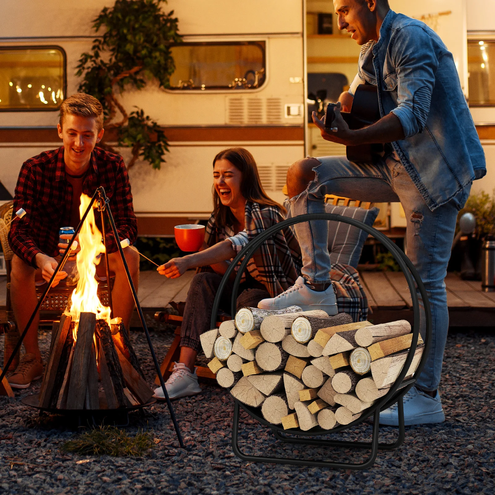 Firewood Log Hoop 20 Inch Round Heavy-duty Metal Curved Log Rack with Stand - Image 7