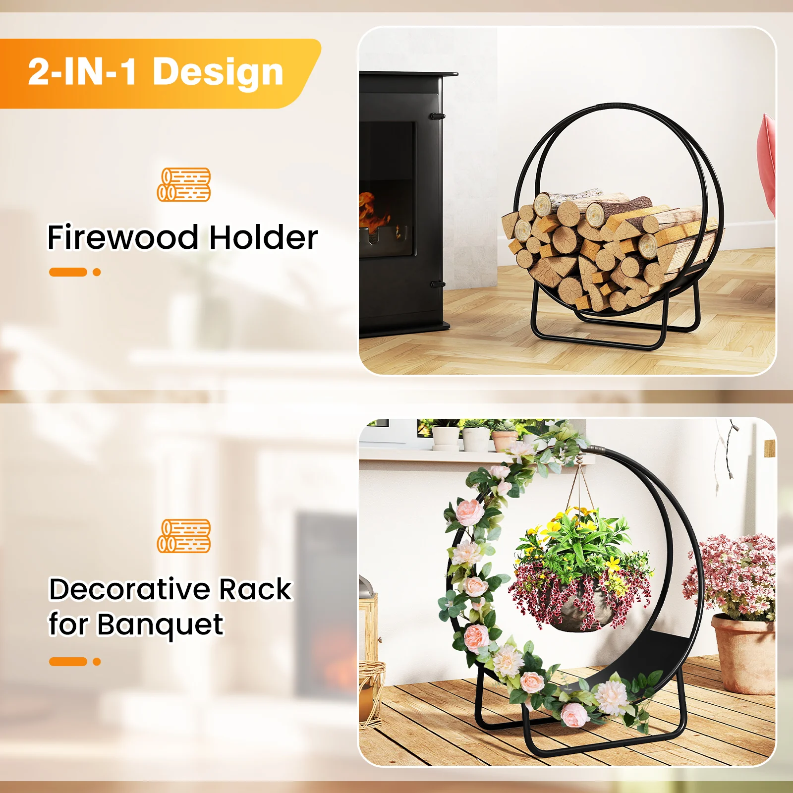Firewood Log Hoop 20 Inch Round Heavy-duty Metal Curved Log Rack with Stand - Image 8