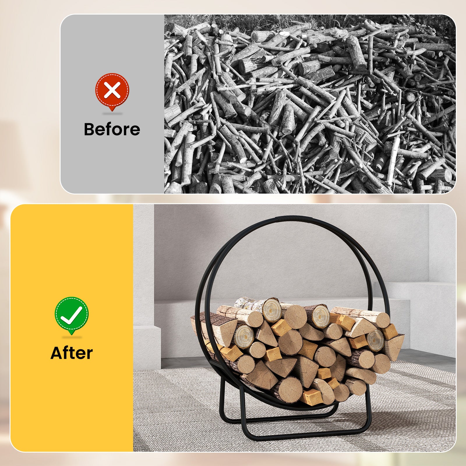 Firewood Log Hoop 20 Inch Round Heavy-duty Metal Curved Log Rack with Stand - Image 9