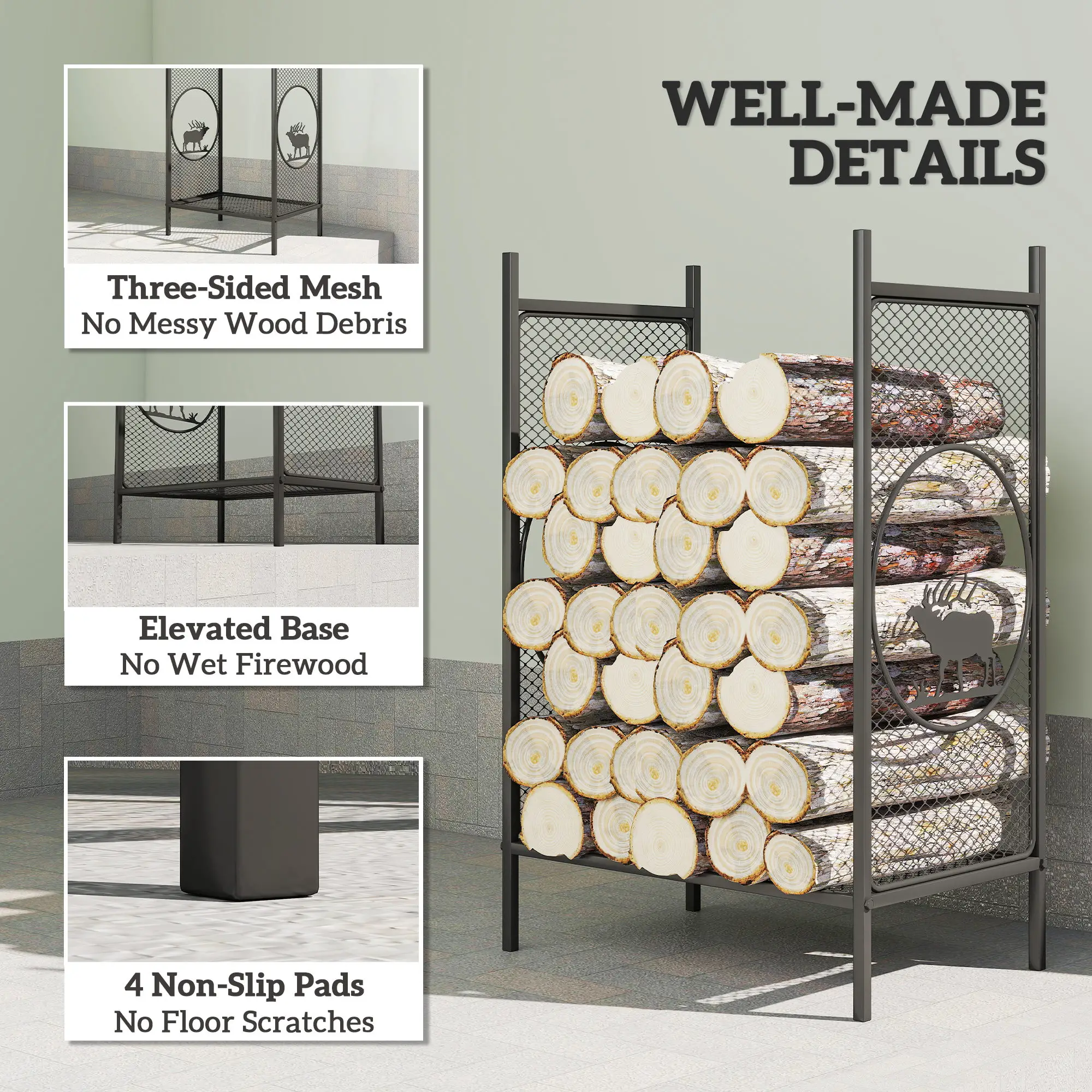 Firewood Rack Outdoor, 19" Heavy Duty Metal Log Holder with Mesh Sides - Image 7
