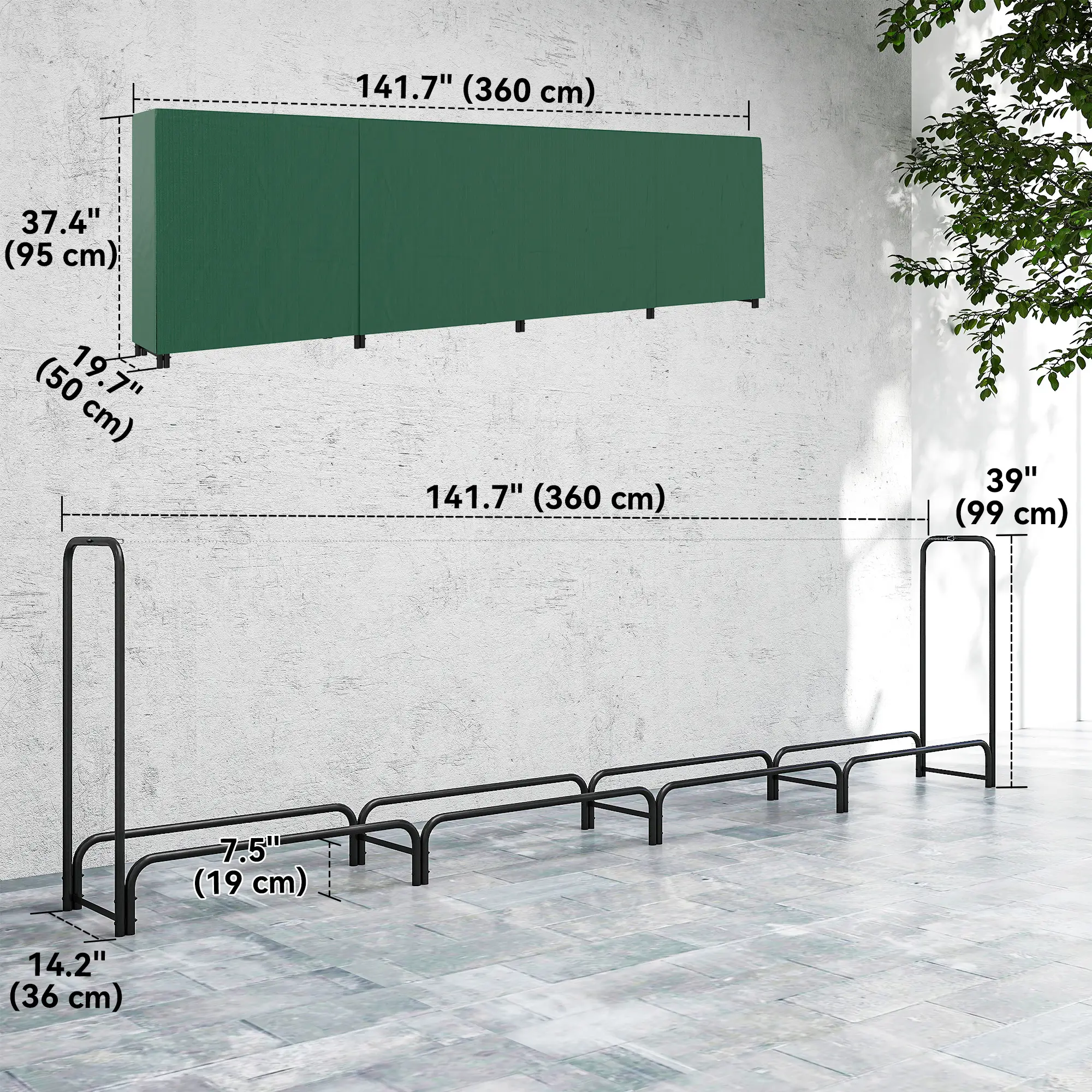 Firewood Rack with Waterproof Cover, 142" x 14" x 39", Dark Green - Image 3