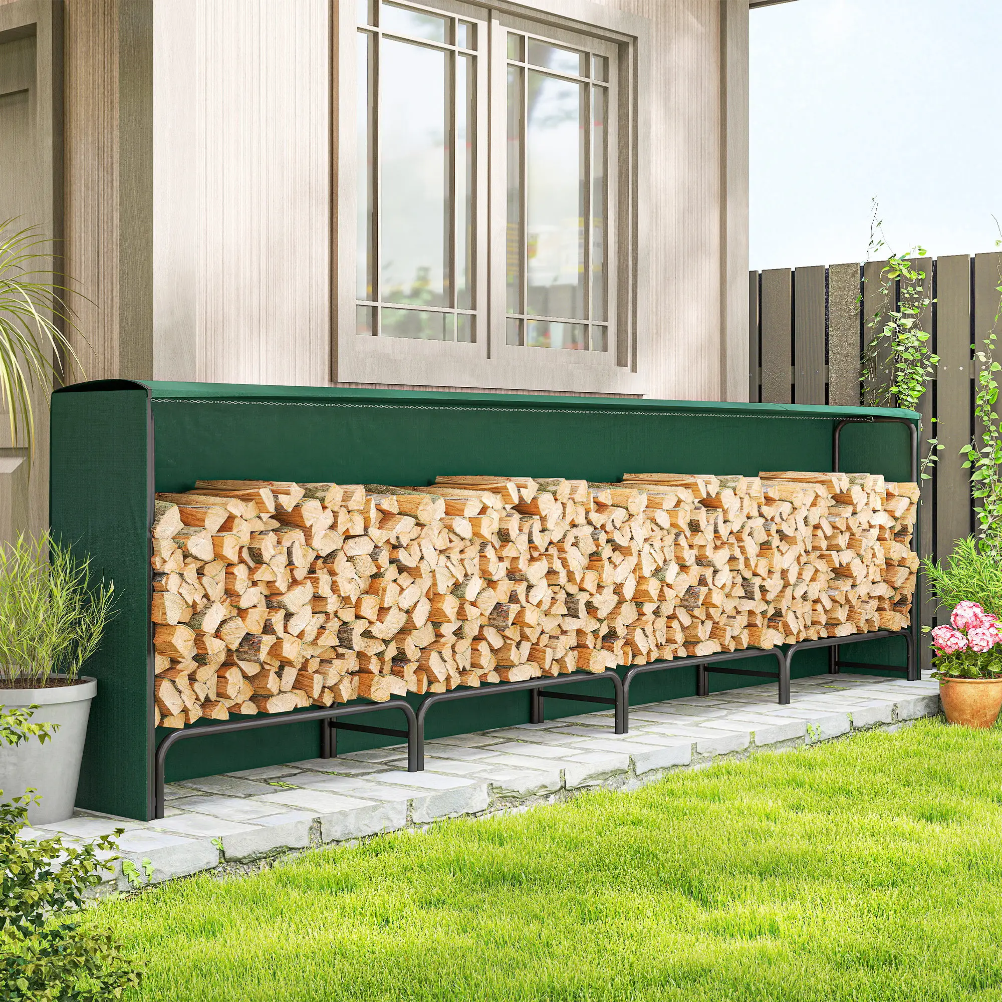 Firewood Rack with Waterproof Cover, 142" x 14" x 39", Dark Green - Image 8